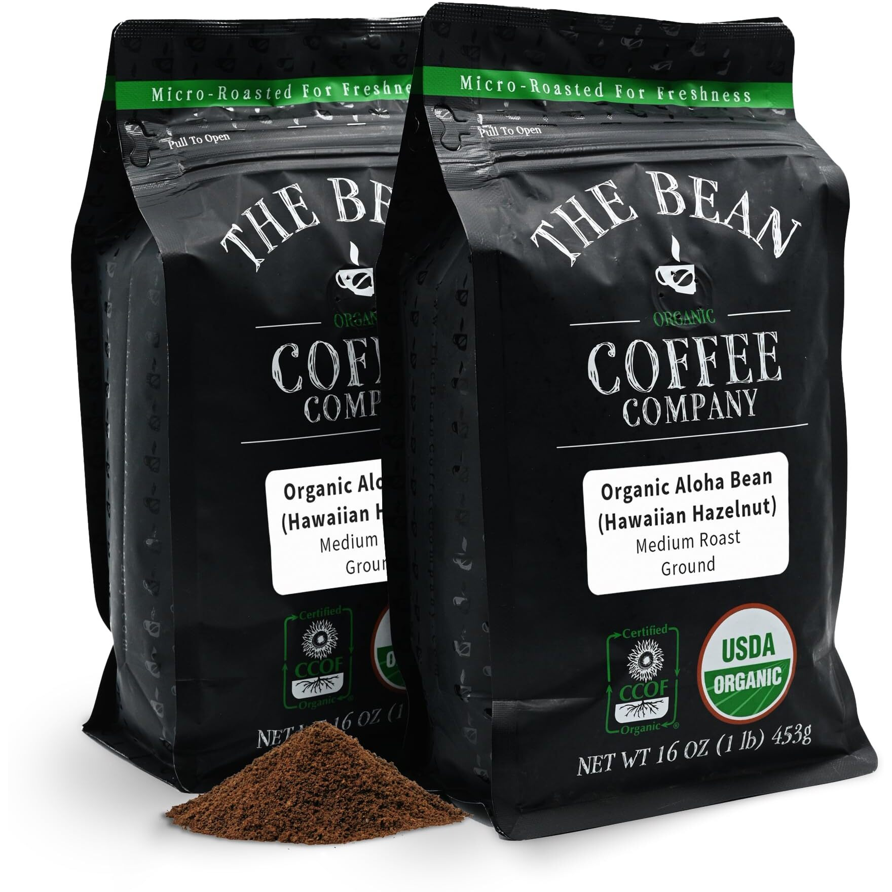 The Bean Organic Coffee Company Aloha Bean (Hawaiian Hazelnut), Medium Roast, Ground Coffee, 16-Ounce Bags (Pack Of 2), Caf   Molido Tostado Org  Nico