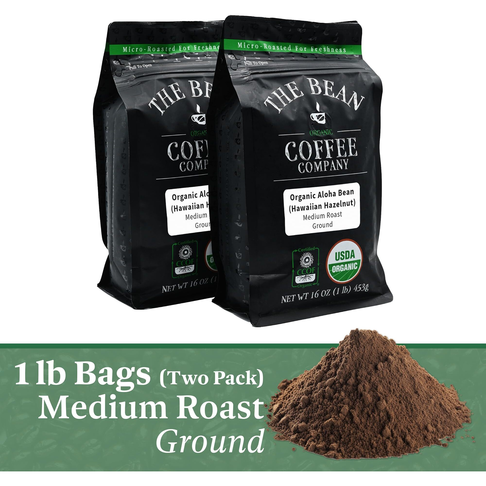 The Bean Organic Coffee Company Aloha Bean (Hawaiian Hazelnut), Medium Roast, Ground Coffee, 16-Ounce Bags (Pack Of 2), Caf   Molido Tostado Org  Nico