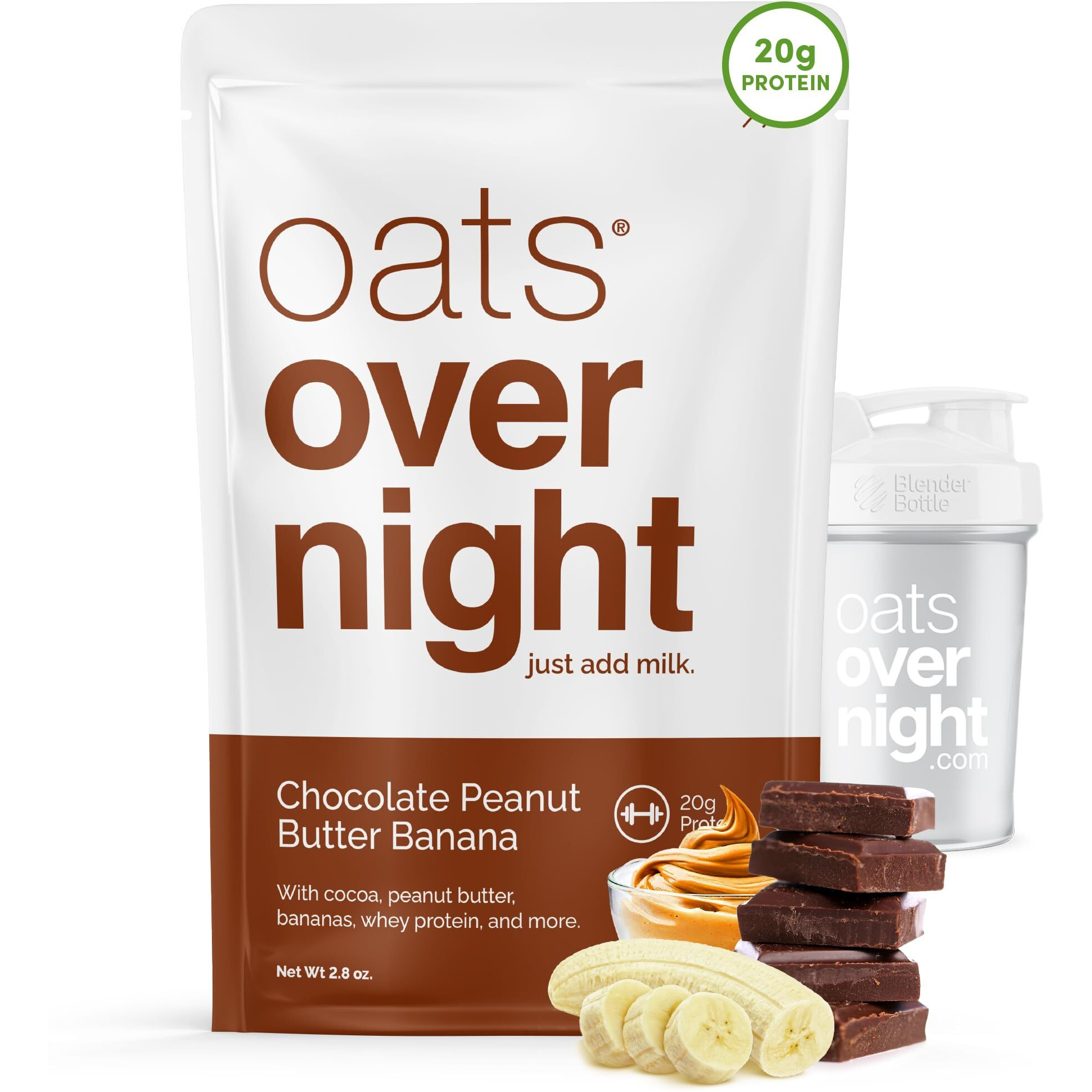 Oats Overnight Chocolate Peanut Butter Banana - Overnight Oats With 20G Protein, High Fiber Protein Shake - Gluten Free Oatmeal, Non Gmo High Protein Oatmeal (2.8 Oz Per Meal) (8 Pack + Blenderbottle)