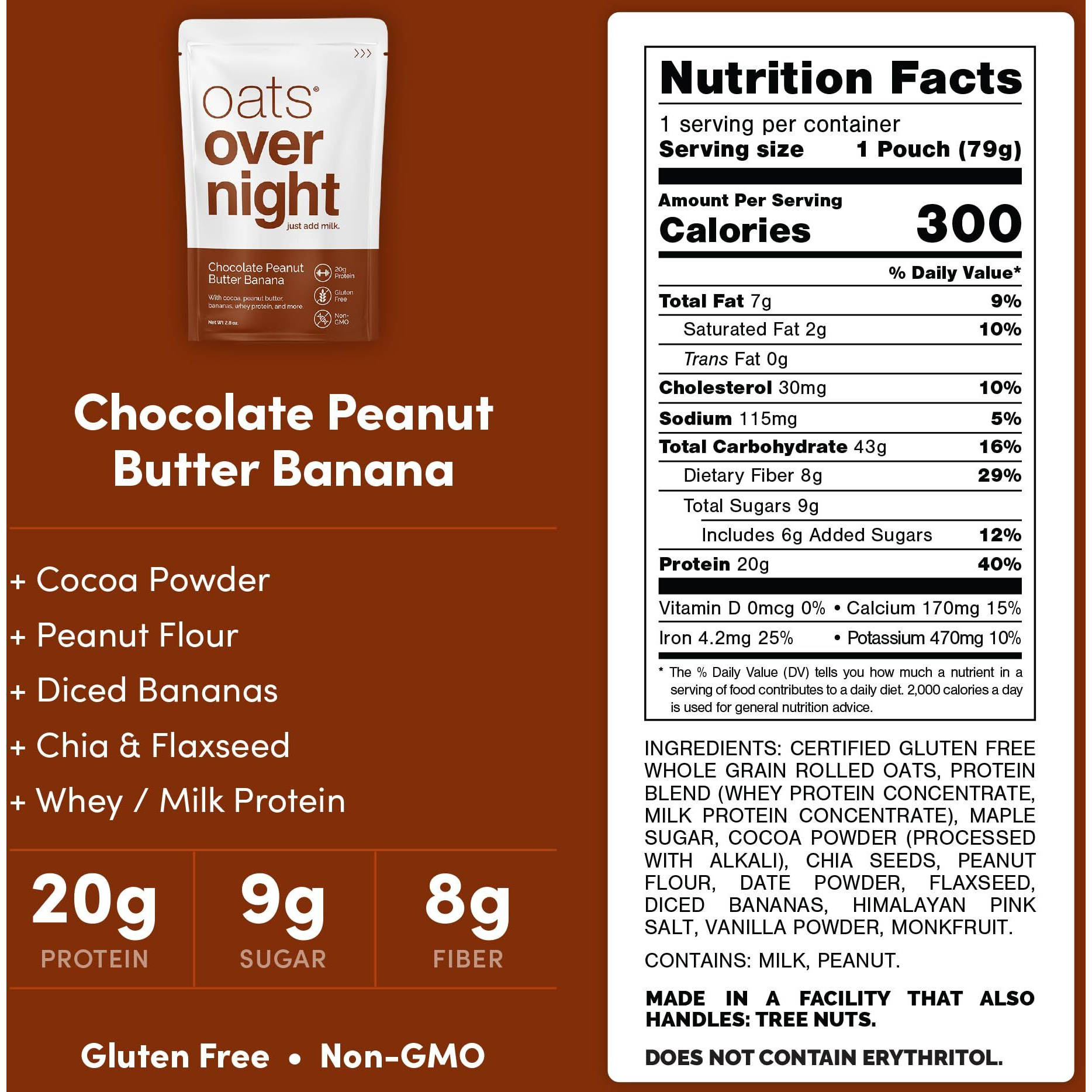 Oats Overnight Chocolate Peanut Butter Banana - Overnight Oats With 20G Protein, High Fiber Protein Shake - Gluten Free Oatmeal, Non Gmo High Protein Oatmeal (2.8 Oz Per Meal) (8 Pack + Blenderbottle)