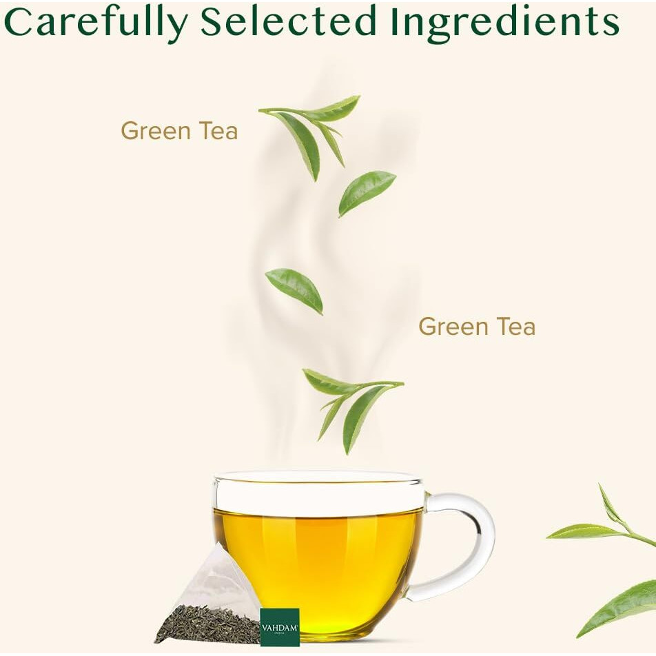 Vahdam, Decaf Himalayan Green Tea Bags (100 Pyramid Tea Bags) Caffeine Free, Gluten Free | High Grown Decaf Green Tea | Resealable Ziplock Pouch | Pyramid Tea Bags