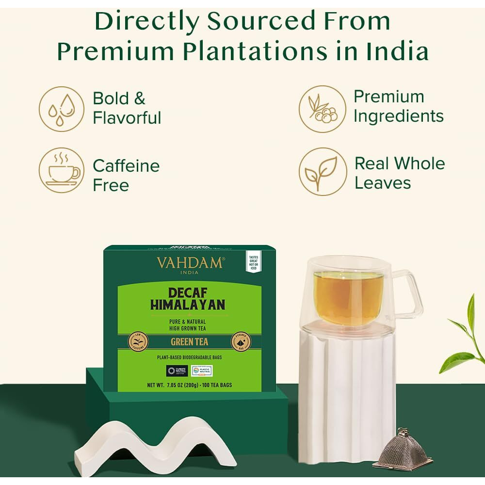 Vahdam, Decaf Himalayan Green Tea Bags (100 Pyramid Tea Bags) Caffeine Free, Gluten Free | High Grown Decaf Green Tea | Resealable Ziplock Pouch | Pyramid Tea Bags