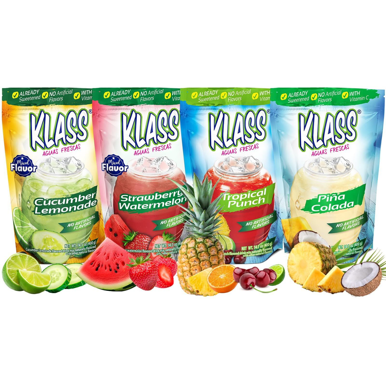 Drink Mix Variety Pack Of Aguas Frescas - Mixed Flavors | Klass Pina Colada, Cucumber Limeade, Tropical Punch & Strawberry Watermelon | Flavors From Natural Sources, No Artificial Flavors With Vitamin C (Makes 7 To 9 Quarts) 14.1 Oz Family Pack (4-Pack)