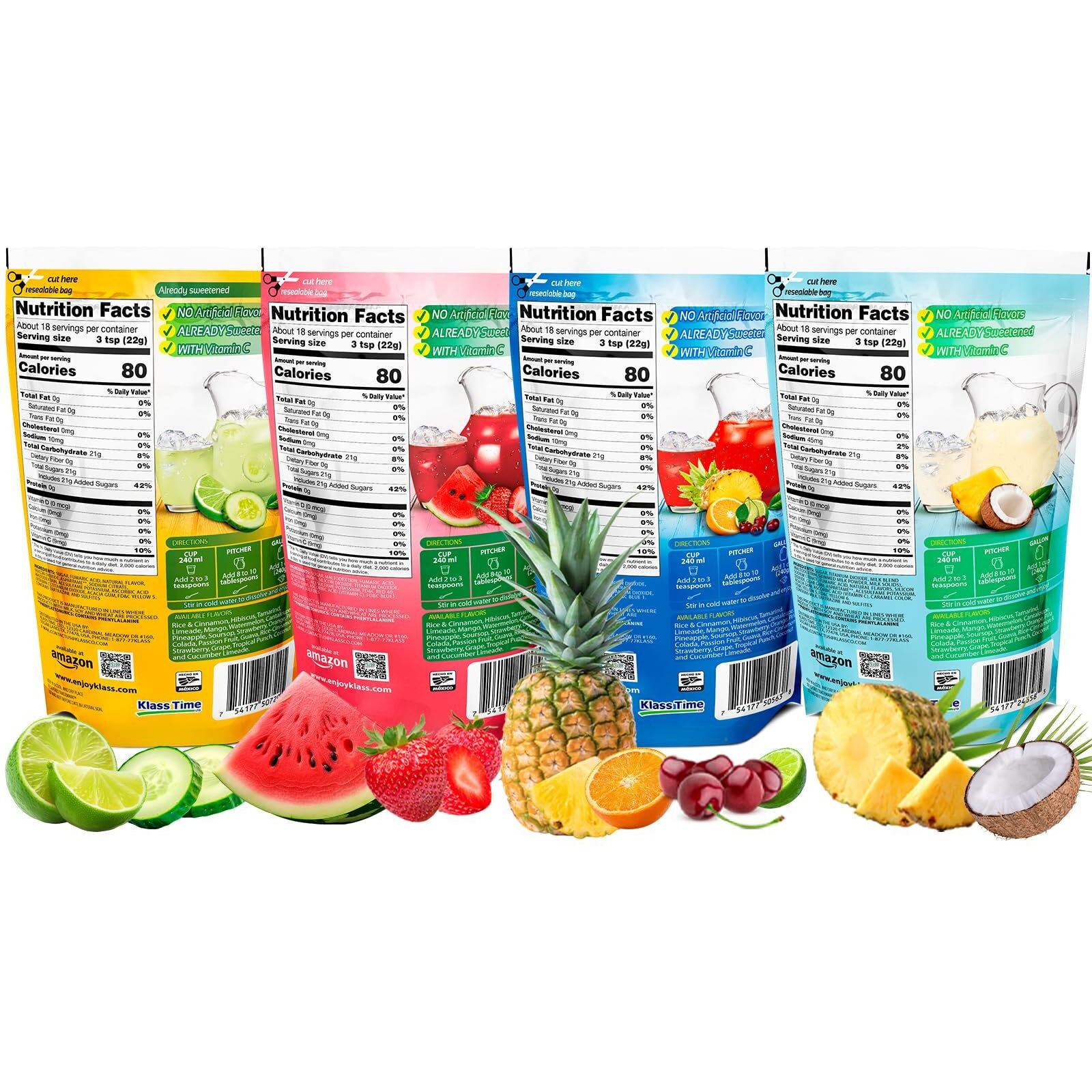Drink Mix Variety Pack Of Aguas Frescas - Mixed Flavors | Klass Pina Colada, Cucumber Limeade, Tropical Punch & Strawberry Watermelon | Flavors From Natural Sources, No Artificial Flavors With Vitamin C (Makes 7 To 9 Quarts) 14.1 Oz Family Pack (4-Pack)