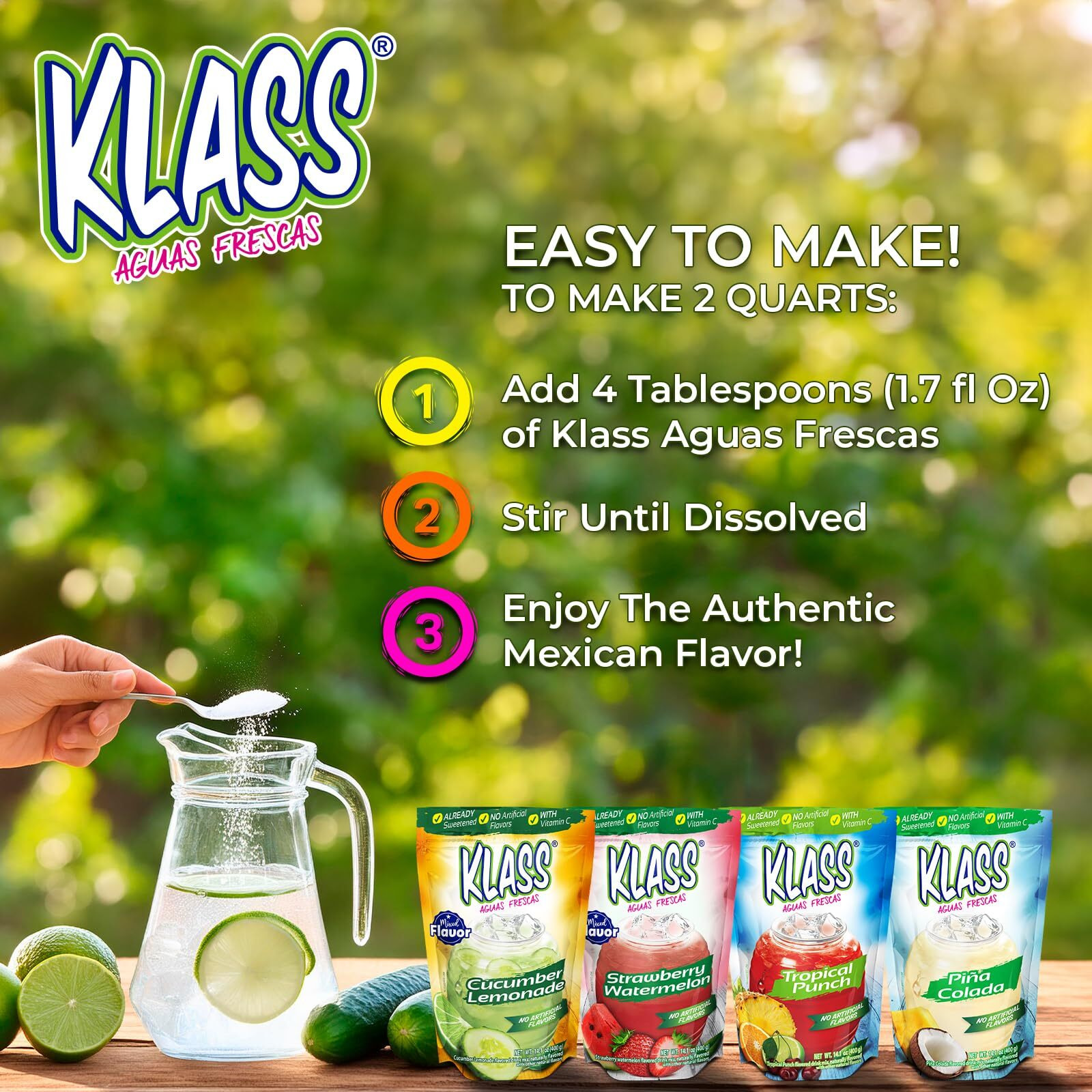 Drink Mix Variety Pack Of Aguas Frescas - Mixed Flavors | Klass Pina Colada, Cucumber Limeade, Tropical Punch & Strawberry Watermelon | Flavors From Natural Sources, No Artificial Flavors With Vitamin C (Makes 7 To 9 Quarts) 14.1 Oz Family Pack (4-Pack)