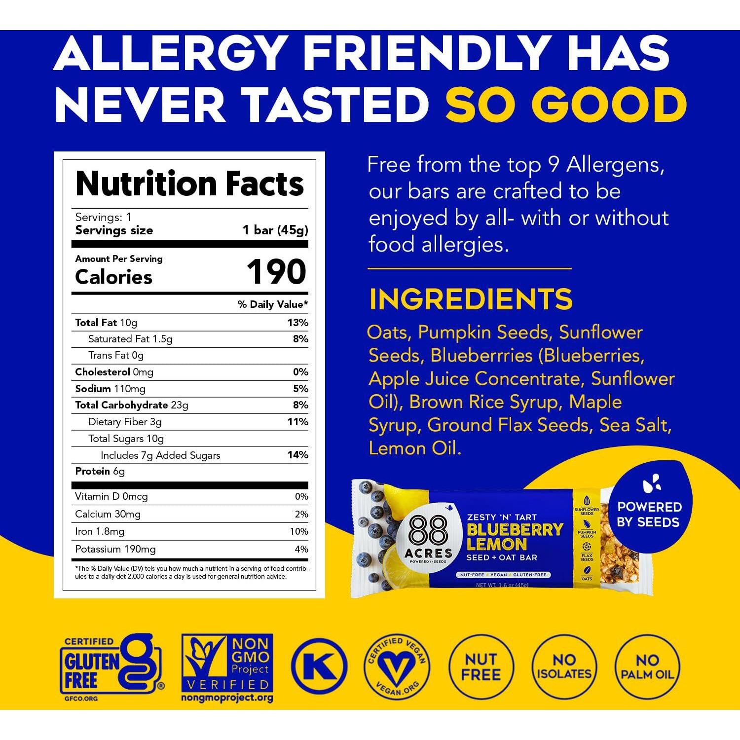 88 Acres Granola Bars | Blueberry Lemon | Gluten Free, Nut-Free Oat And Seed Granola Bar | Vegan & Always Non Gmo | 12 Pack