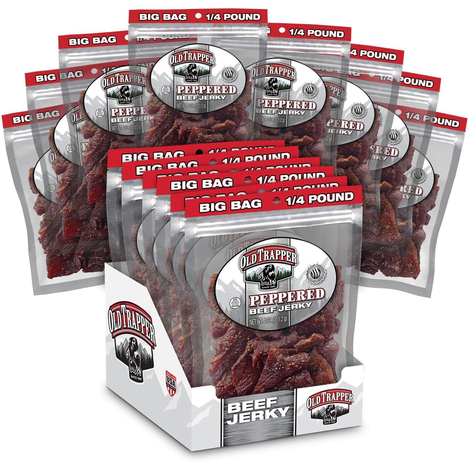 Old Trapper Beef Jerky, Peppered 1/4-Pound Individual Package, Spicy Meat Snacks For Lunches Or Between Meals, 11 Grams Of Protein, Zero Grams Of Fat, 70 Calories Per Serving (Pack Of 8)