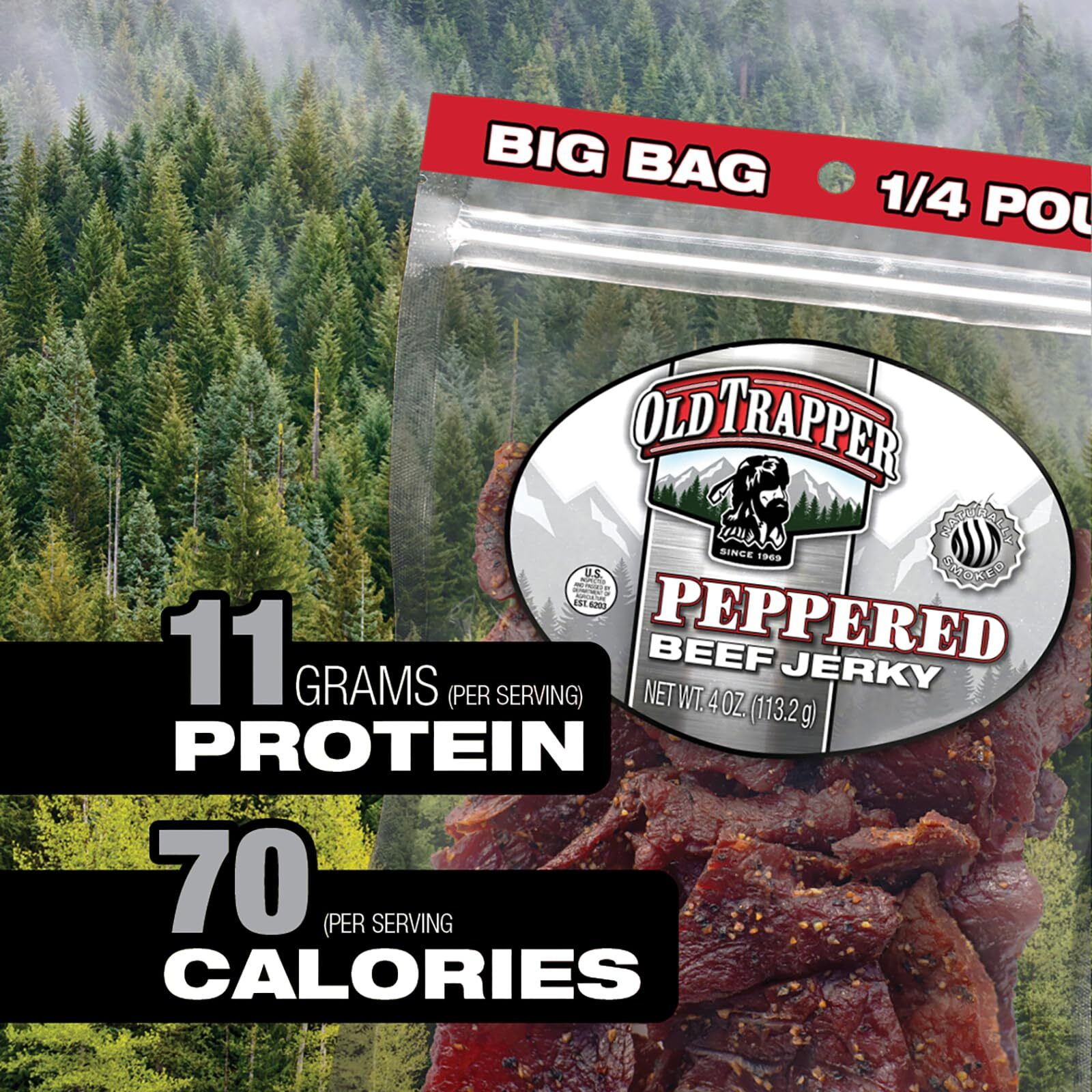 Old Trapper Beef Jerky, Peppered 1/4-Pound Individual Package, Spicy Meat Snacks For Lunches Or Between Meals, 11 Grams Of Protein, Zero Grams Of Fat, 70 Calories Per Serving (Pack Of 8)