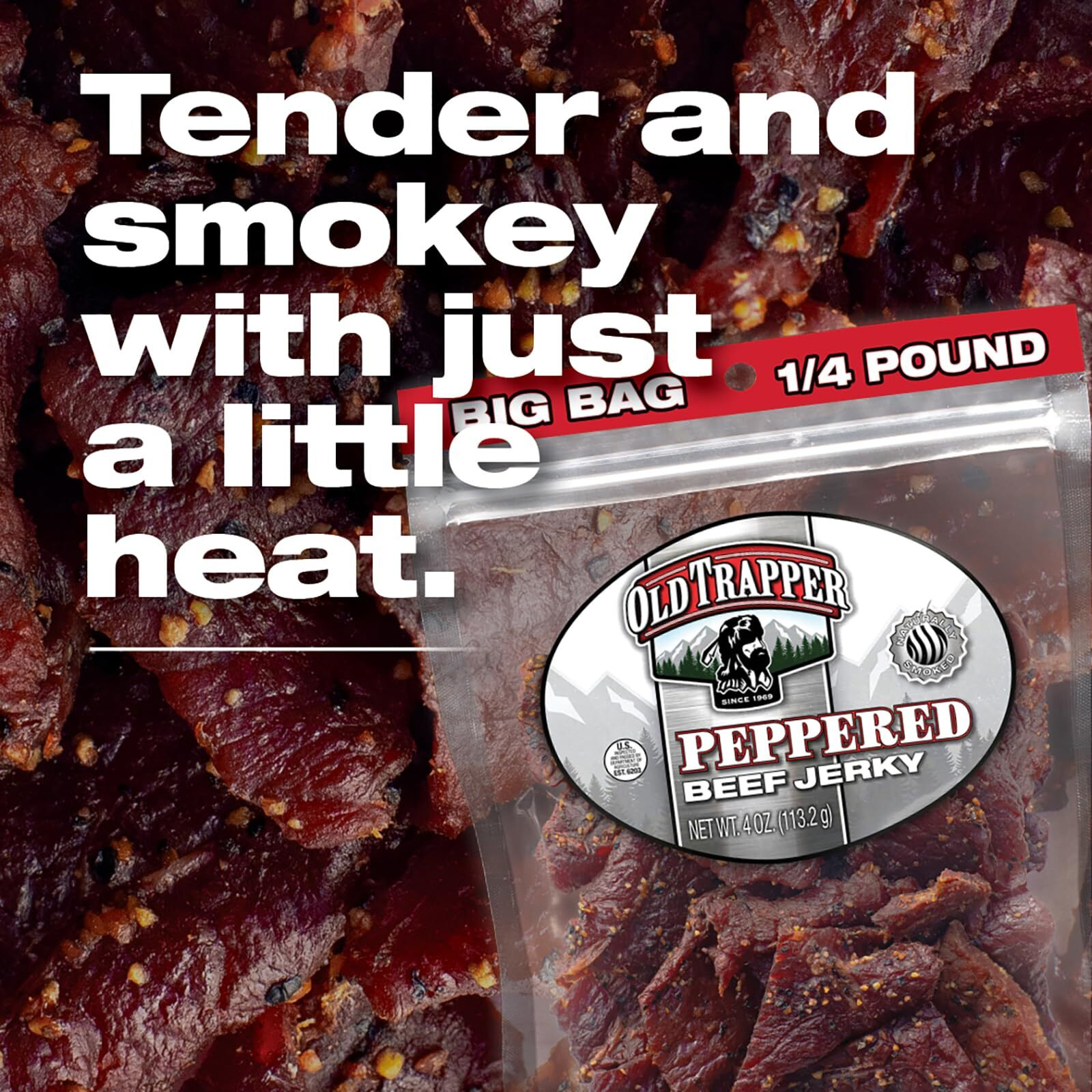 Old Trapper Beef Jerky, Peppered 1/4-Pound Individual Package, Spicy Meat Snacks For Lunches Or Between Meals, 11 Grams Of Protein, Zero Grams Of Fat, 70 Calories Per Serving (Pack Of 8)