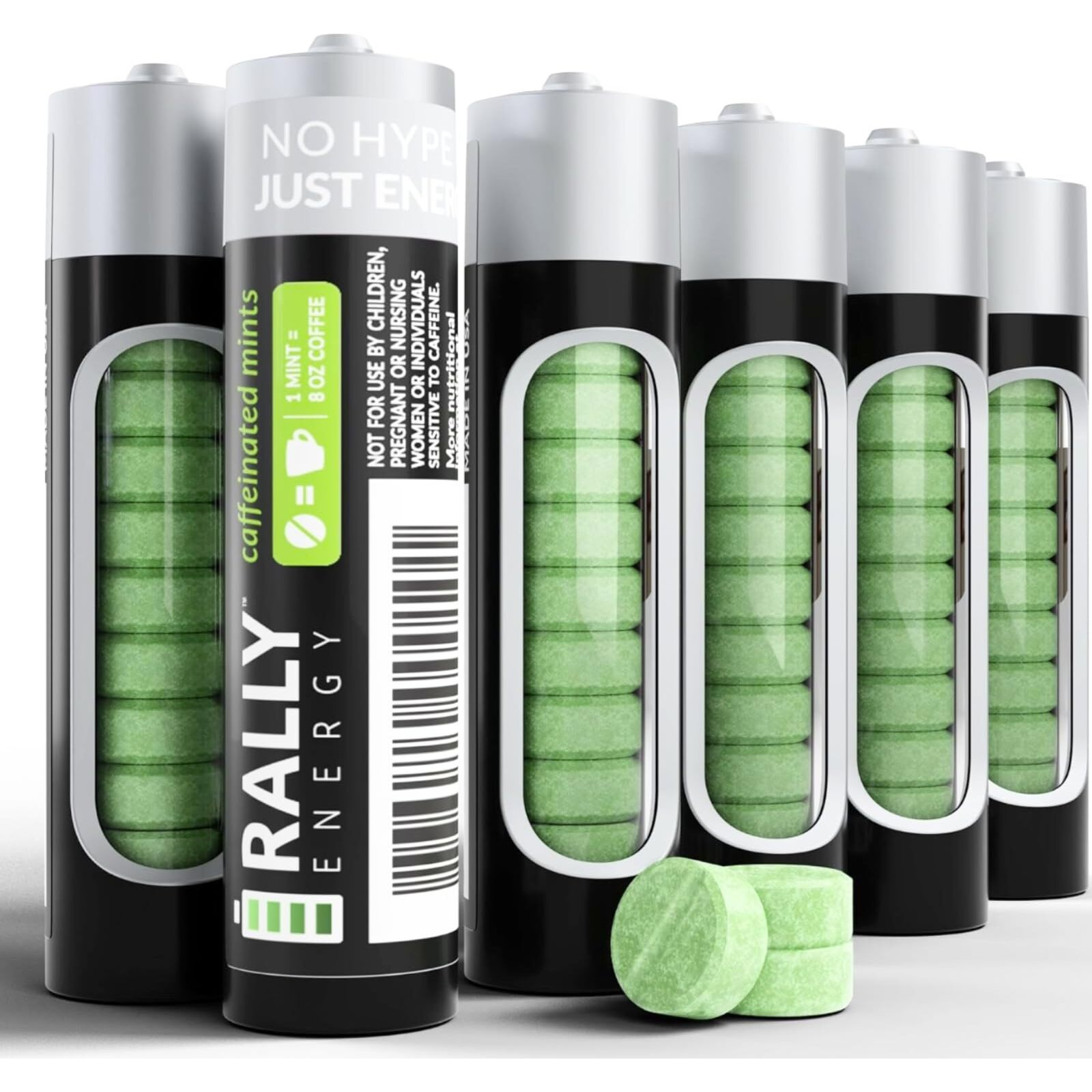 Caffeine Mints By Rally, 60Milligram Caffeine, Instant Energy, Fresh Breath Caffeinated Mints, 0 Sugar, Natural Peppermint Flavor (6 Packs, 60 Mints)