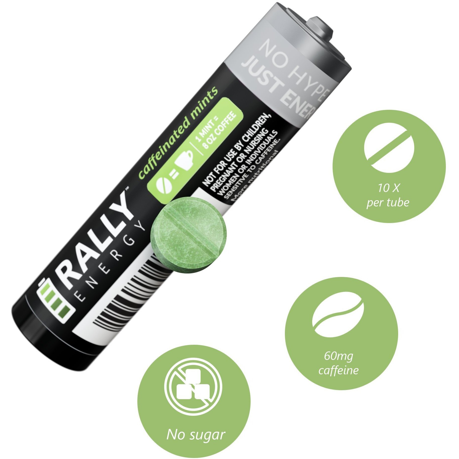 Caffeine Mints By Rally, 60Milligram Caffeine, Instant Energy, Fresh Breath Caffeinated Mints, 0 Sugar, Natural Peppermint Flavor (6 Packs, 60 Mints)