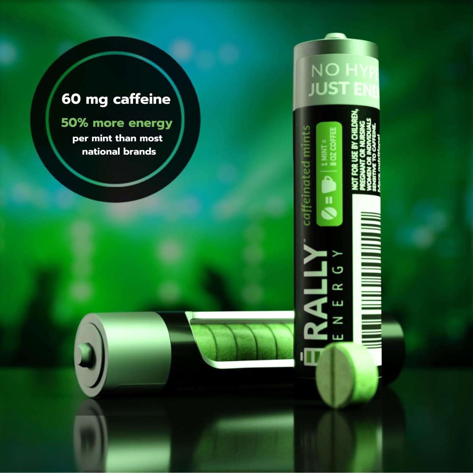 Caffeine Mints By Rally, 60Milligram Caffeine, Instant Energy, Fresh Breath Caffeinated Mints, 0 Sugar, Natural Peppermint Flavor (6 Packs, 60 Mints)