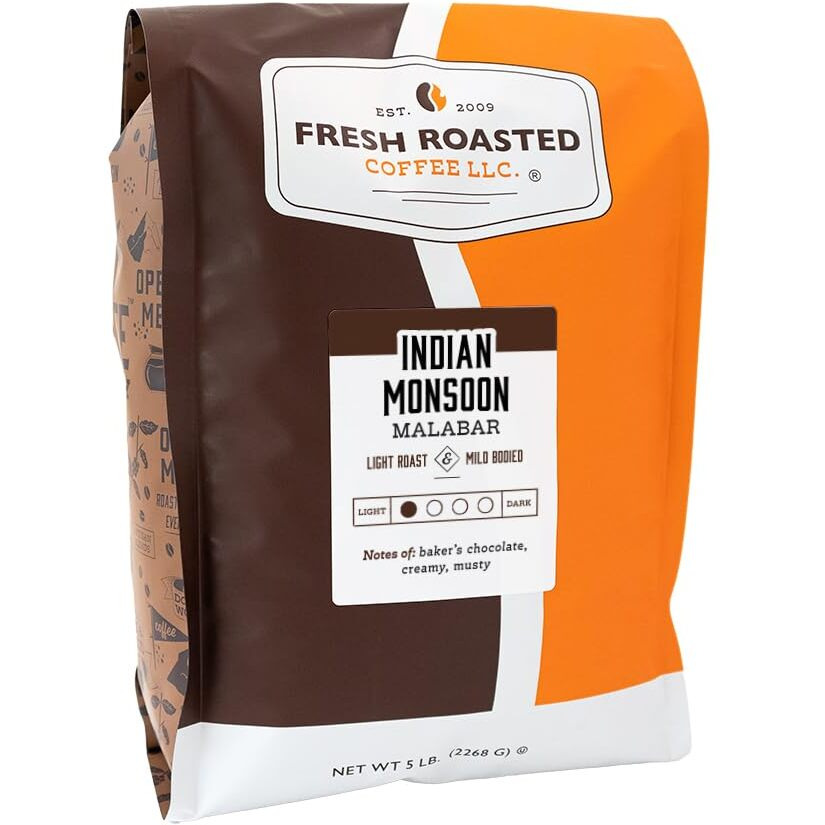 Fresh Roasted Coffee, Indian Monsoon Malabar, 5 Lb (80 Oz), Light Roast, Kosher, Whole Bean