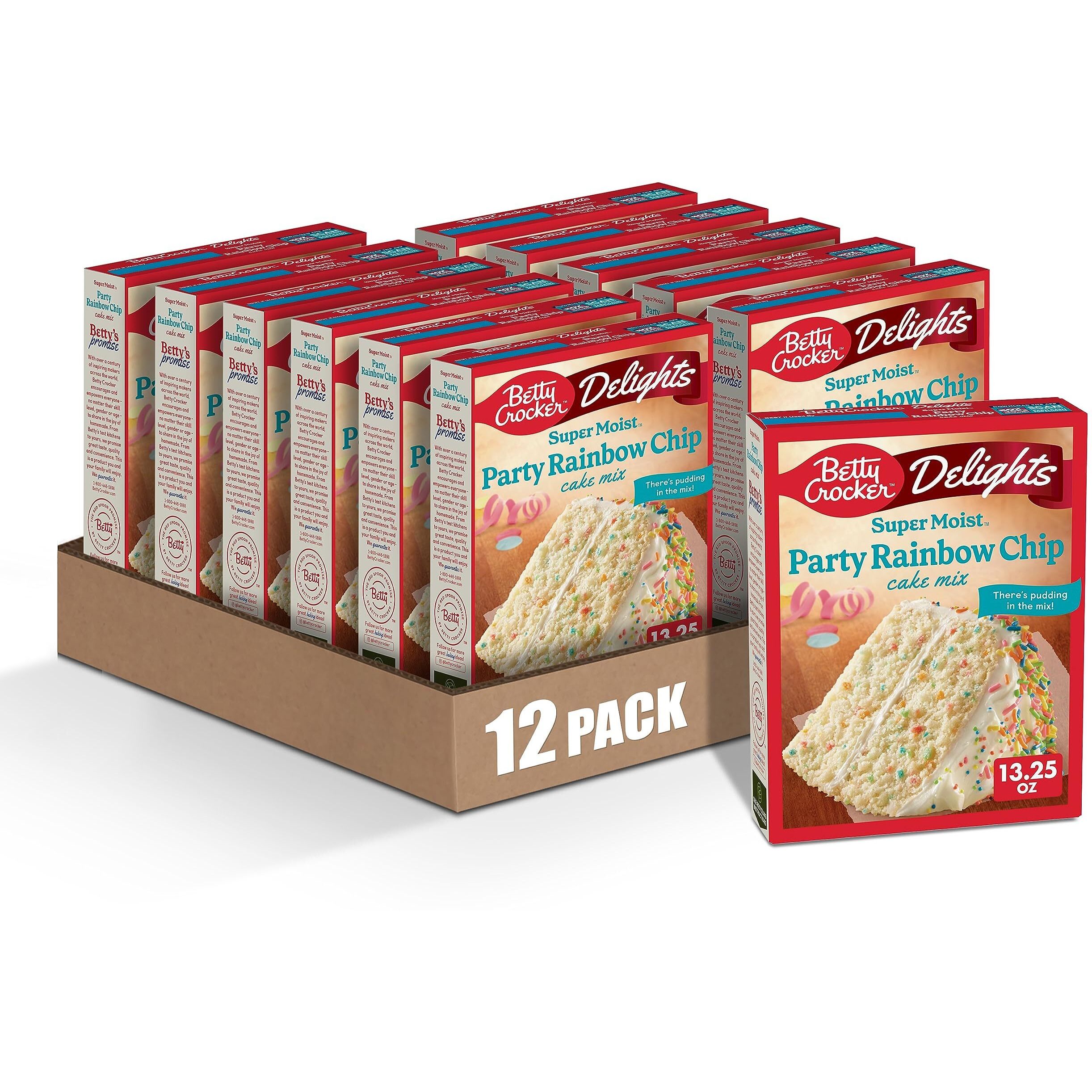 Betty Crocker Delights Super Moist Party Rainbow Chip Cake Mix, 13.25 Oz. (Pack Of 12)