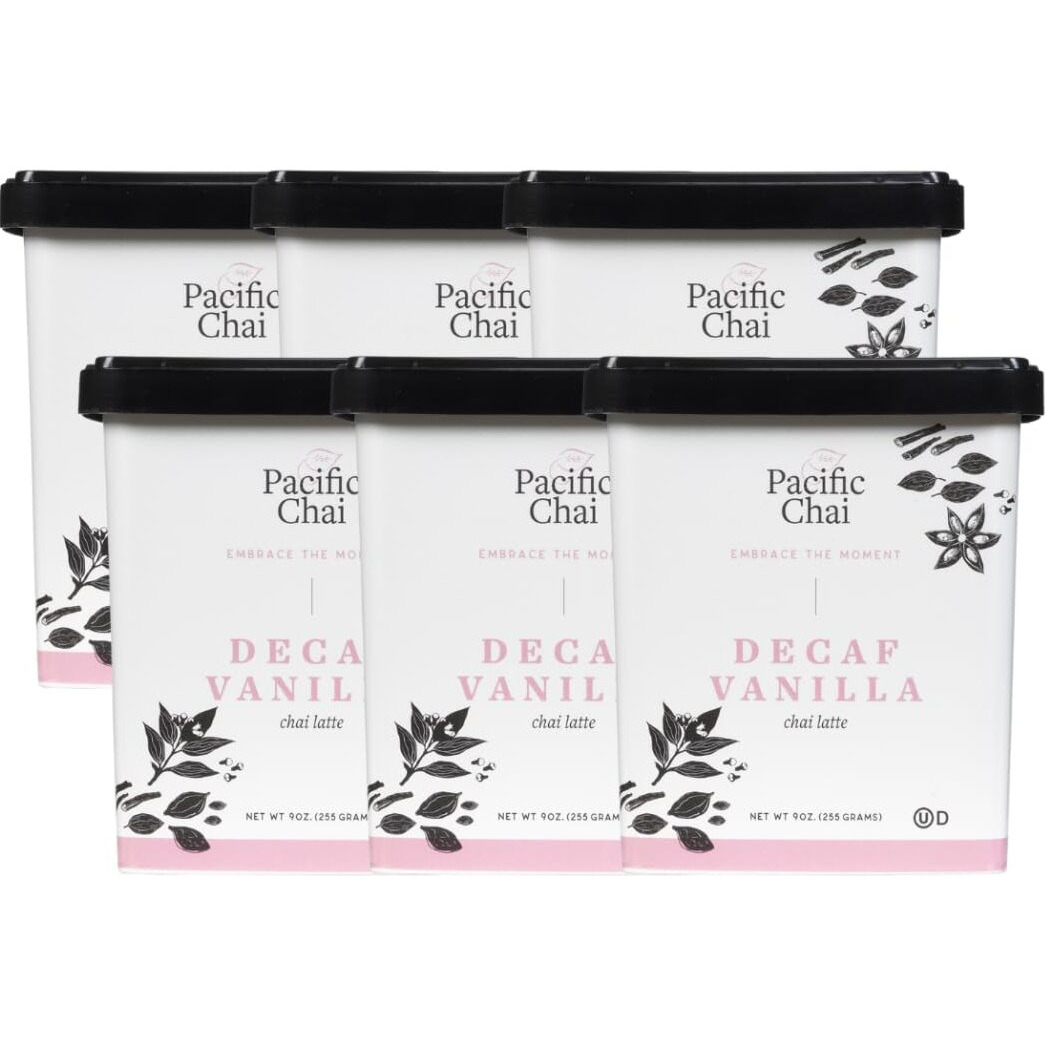 Pacific Chai Decaf Vanilla Chai Latte, Instant Powered Dry Chai Tea Latte Beverage Mix, Gluten Free, Kosher, 9 Ounce (Pack Of 6)