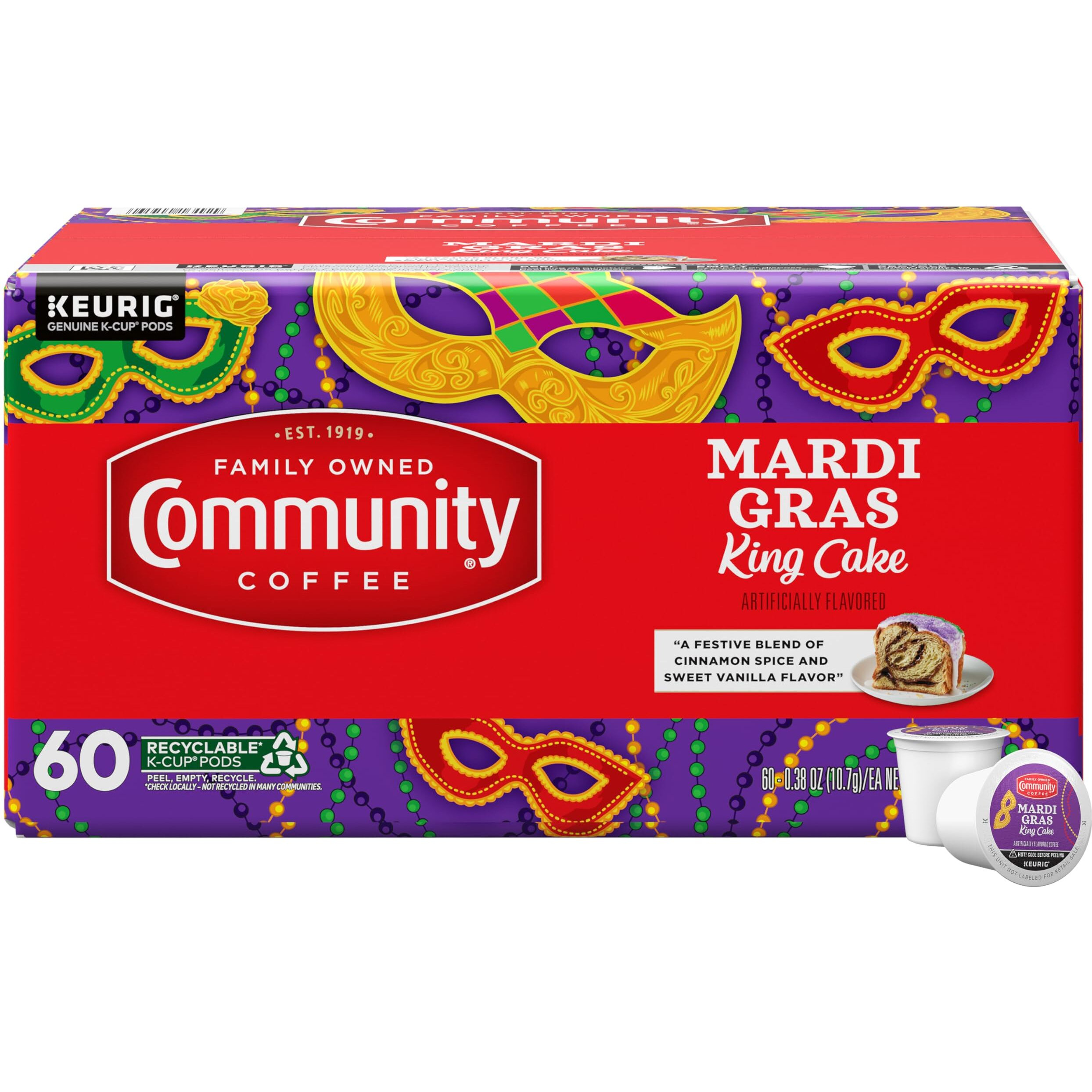Community Coffee Mardi Gras King Cake Flavored, 60 Single-Serve Keurig K-Cup Pods, Medium Roast, 60 Count (Pack Of 1)