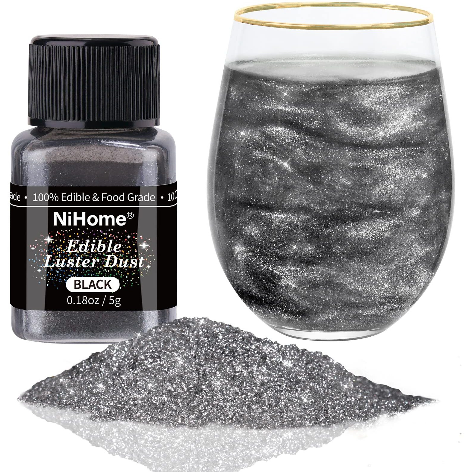 Nihome Edible Food-Grade Glimmer Powder Glitter Luster Dust Metallic Food Decorating Sprinkle Glimmery Dust For Drink Wine Beverage Cake Candy Dessert Bakery Restaurant Vegan (0.18Oz/5G, Black)