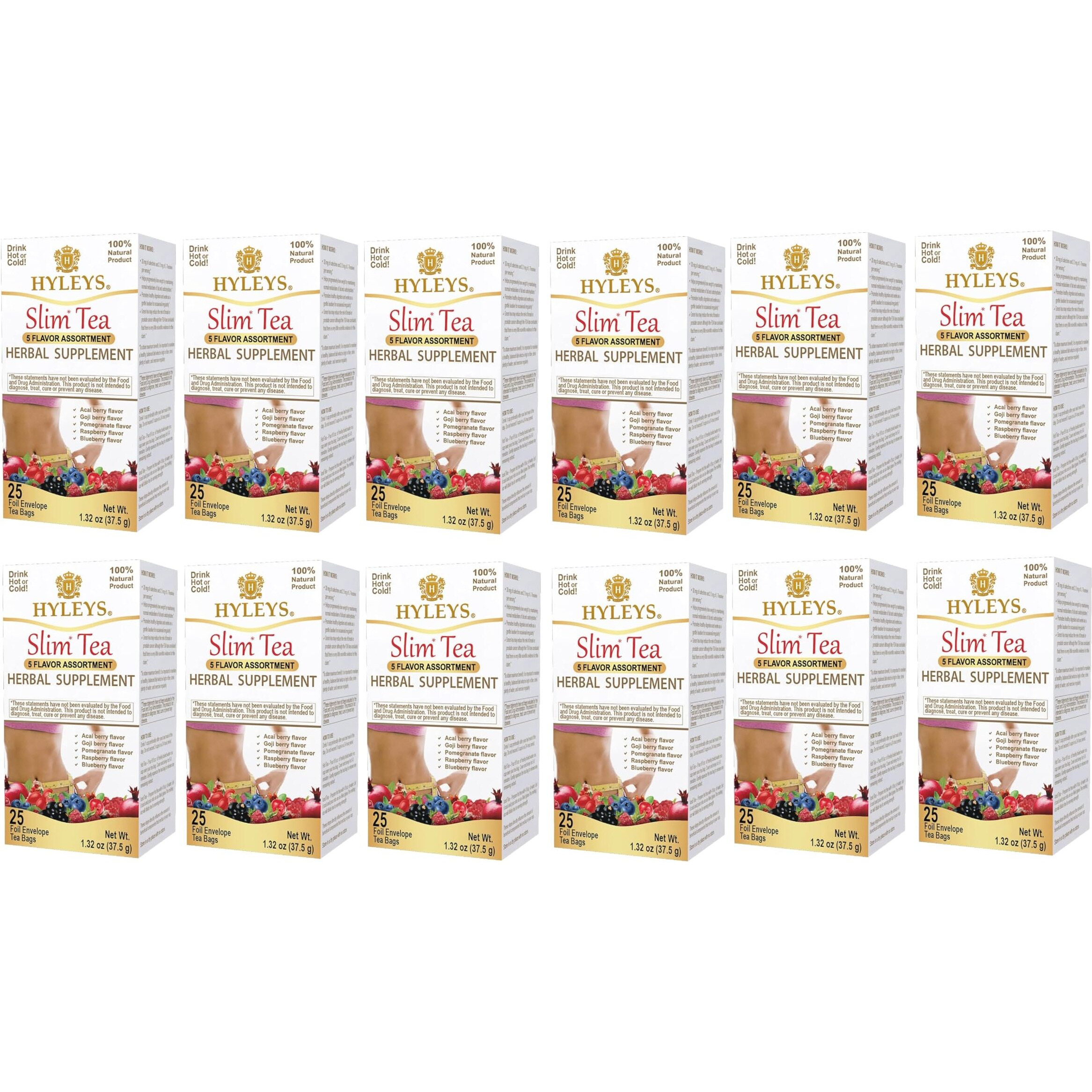 Hyleys Slim Tea 5 Flavor Assortment With Green Tea & Senna - Herbal Weight Loss Detox Cleanse Supplement For Belly Fat, Bloating & Metabolism Boost - 25 Tea Bags (12 Pack)