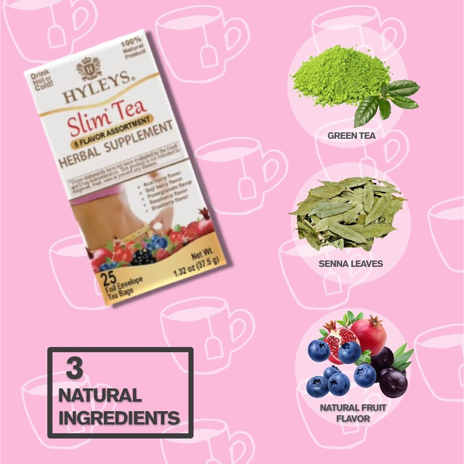 Hyleys Slim Tea 5 Flavor Assortment With Green Tea & Senna - Herbal Weight Loss Detox Cleanse Supplement For Belly Fat, Bloating & Metabolism Boost - 25 Tea Bags (12 Pack)