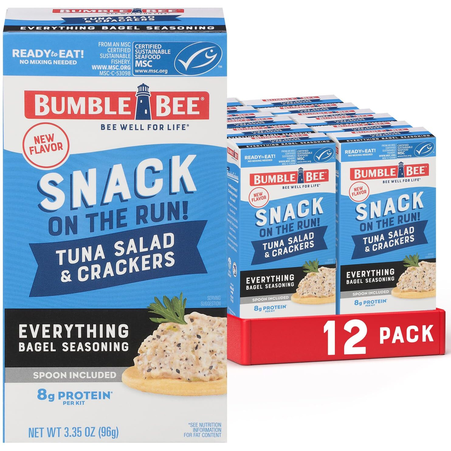Bumble Bee Snack On The Run Everything Bagel Seasoning Tuna Salad With Crackers Kit, 3.35 Oz (Pack Of 12) - Ready To Eat, Spoon Included - Wild Caught Tuna - Shelf Stable & Convenient Protein Snack