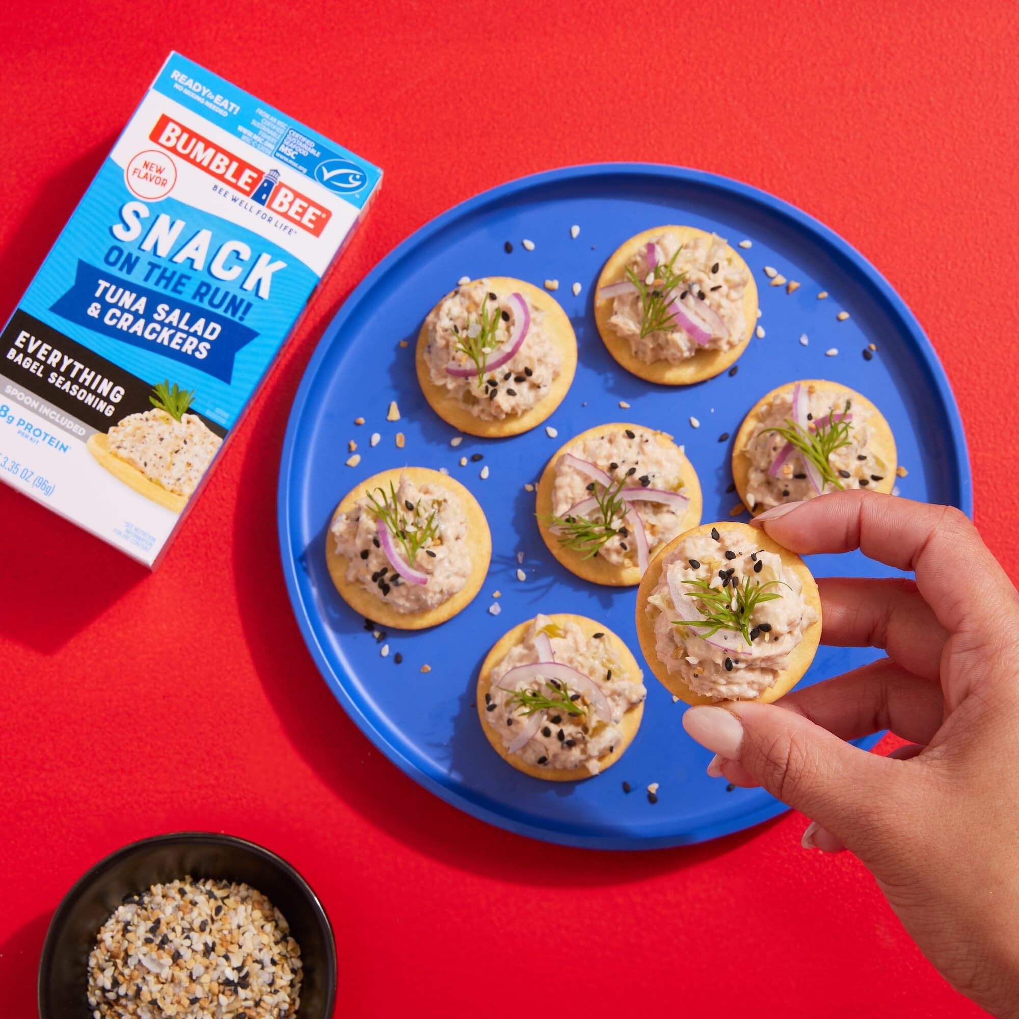 Bumble Bee Snack On The Run Everything Bagel Seasoning Tuna Salad With Crackers Kit, 3.35 Oz (Pack Of 12) - Ready To Eat, Spoon Included - Wild Caught Tuna - Shelf Stable & Convenient Protein Snack