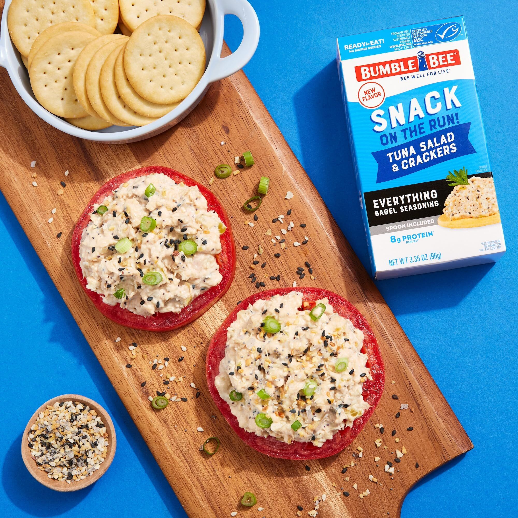 Bumble Bee Snack On The Run Everything Bagel Seasoning Tuna Salad With Crackers Kit, 3.35 Oz (Pack Of 12) - Ready To Eat, Spoon Included - Wild Caught Tuna - Shelf Stable & Convenient Protein Snack