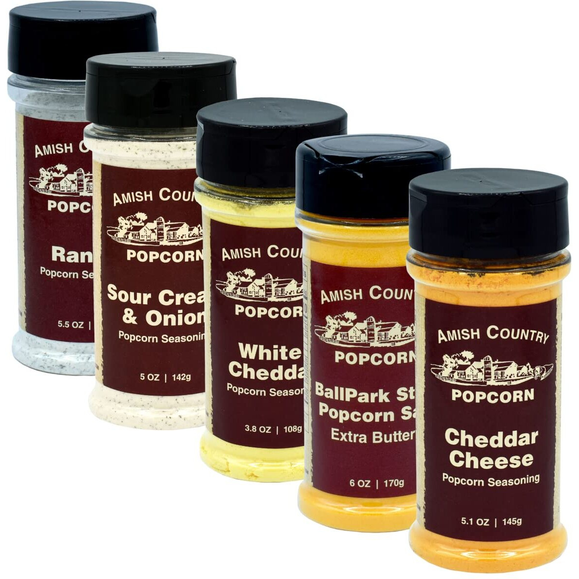 Amish Country Popcorn | Seasoning Variety Pack | 5 Bottles | Ballpark Buttersalt, Cheddar Cheese, White Cheddar, Ranch, Sour Cream And Onion | Old Fashioned, Non-Gmo And Gluten Free