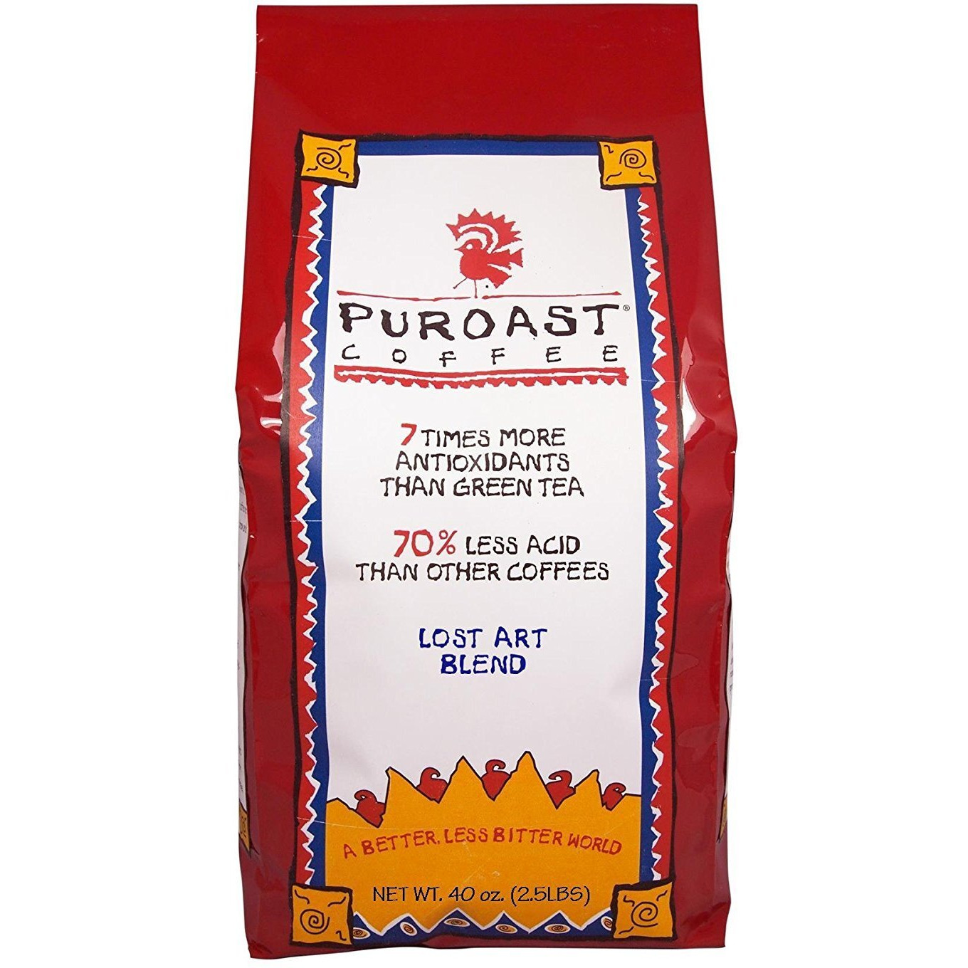 Puroast Low Acid Coffee , Whole Bean , Lost Art Blend , Medium Roast , Certified Low Acid Coffee , Ph 5.5+ , Gut Health , 2.2 Lb , Higher Antioxidant , Smooth For Espresso, Cold Brew & Iced Coffee