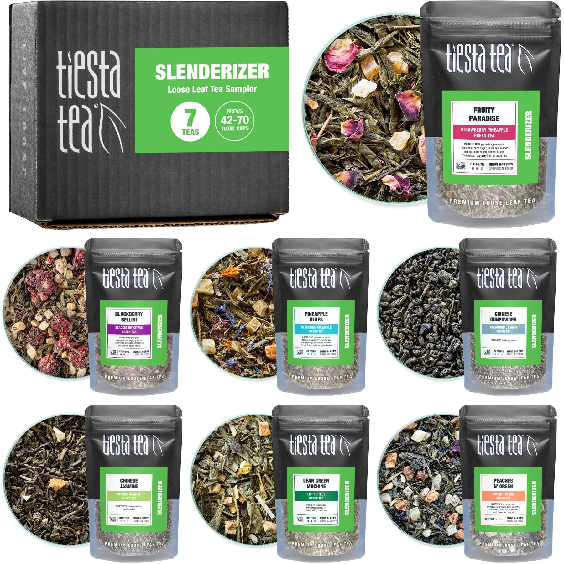 Tiesta Tea - 7 Green Teas Dry Flight Sampler, Medium Caffeine Hot & Iced Tea, Premium Loose Leaf Tea Sample With Green Tea Blends - 7 Resealable Sample Pouches