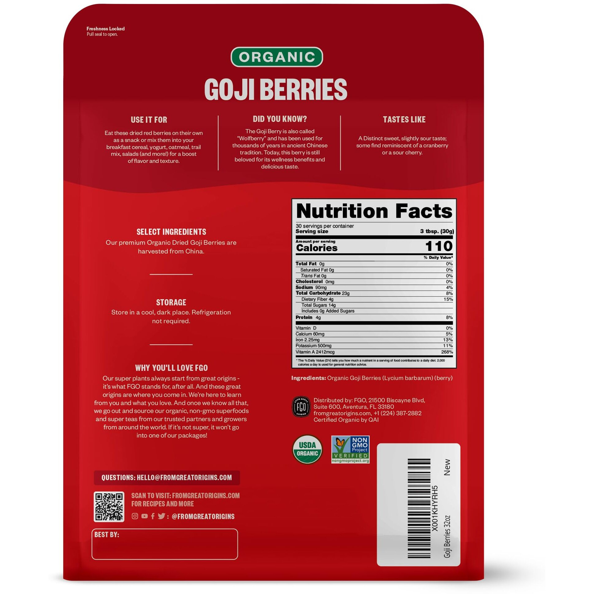 Fgo Organic Goji Berries, Large & Chewy, From Ningxia, 32Oz (Pack Of 1)