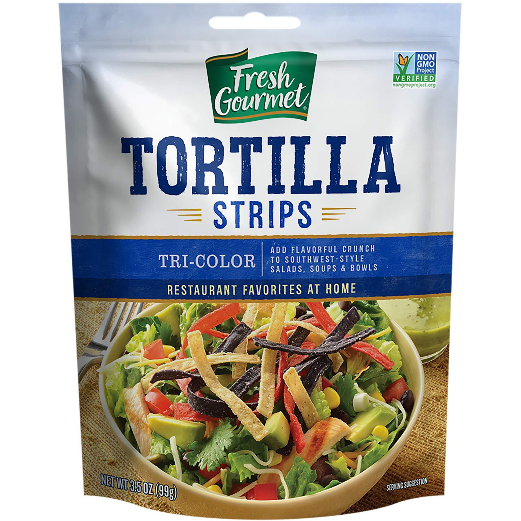 Fresh Gourmet Tri | Color Tortilla Strips | 3.5 Ounce, Pack Of 9 | Low Carb | Crunchy Snack And Salad Topper