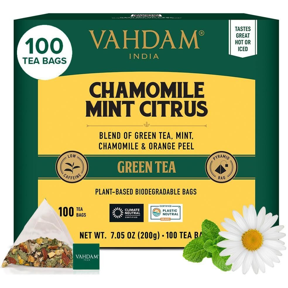 Vahdam, Chamomile Mint Citrus Green Tea Bags (100 Count) Low Caffeine, Non Gmo, Gluten Free | Sweet & Floral | Resealable Ziplock Pouch | Chamomile Tea Bags
