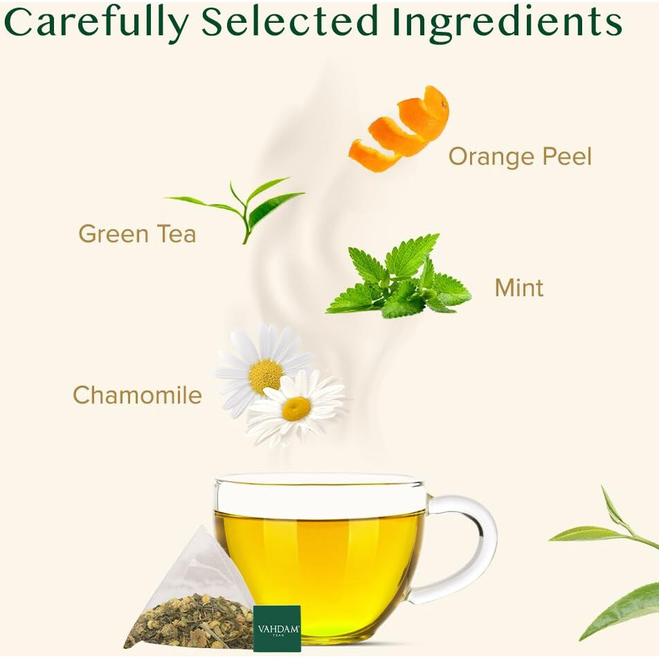 Vahdam, Chamomile Mint Citrus Green Tea Bags (100 Count) Low Caffeine, Non Gmo, Gluten Free | Sweet & Floral | Resealable Ziplock Pouch | Chamomile Tea Bags