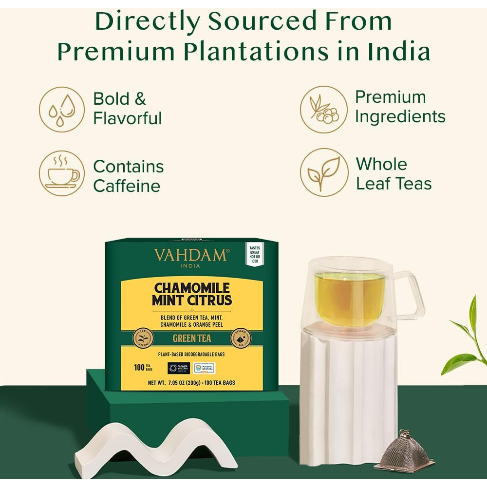 Vahdam, Chamomile Mint Citrus Green Tea Bags (100 Count) Low Caffeine, Non Gmo, Gluten Free | Sweet & Floral | Resealable Ziplock Pouch | Chamomile Tea Bags