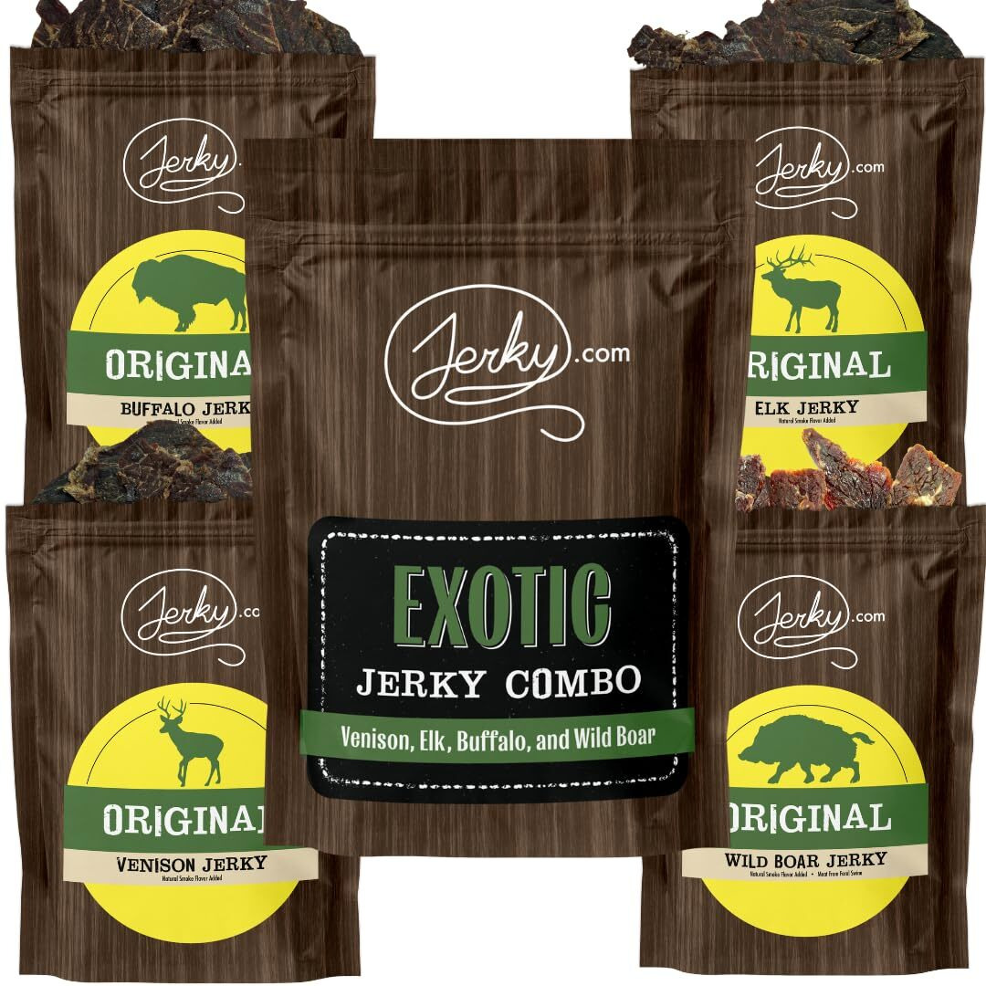 Jerky.Com's Classic Exotic Jerky Variety Pack - Jerky Variety Pack With 4 Types Of Jerky - Buffalo, Wild Boar, Venison Jerky, And Elk Jerky - Exotic Jerky Snack, High-Protein, All-Natural Wild Game Jerky (7 Oz.)