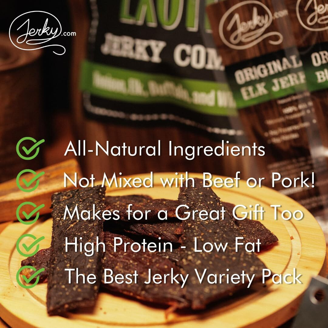 Jerky.Com's Classic Exotic Jerky Variety Pack - Jerky Variety Pack With 4 Types Of Jerky - Buffalo, Wild Boar, Venison Jerky, And Elk Jerky - Exotic Jerky Snack, High-Protein, All-Natural Wild Game Jerky (7 Oz.)