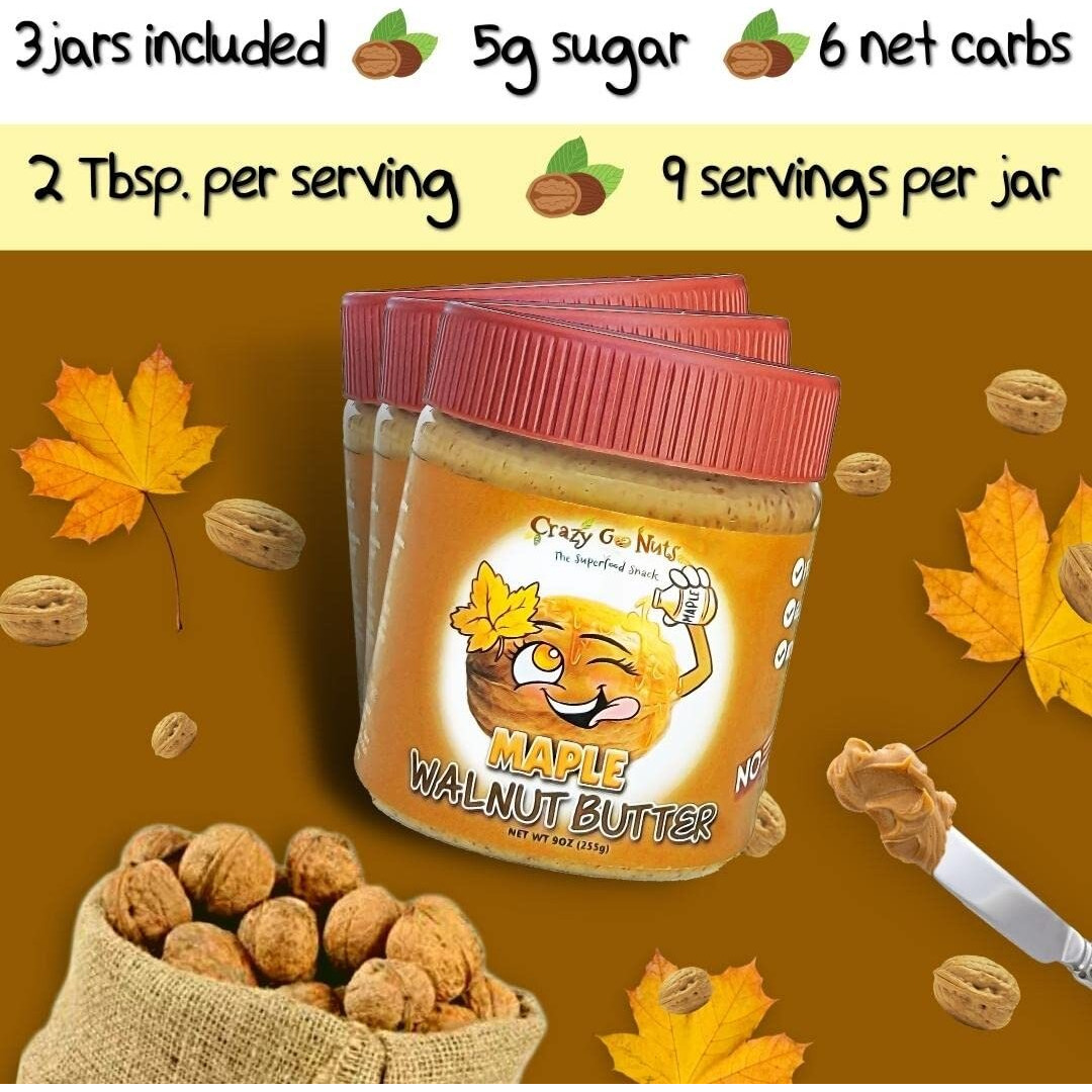 Crazy Go Nuts Walnut Butter - Maple, 9 Oz (3-Pack) - Healthy Snacks, Keto, Vegan, Low Carb, Gluten Free, Superfood - Natural, Non-Gmo, Ala, Omega 3 Fatty Acids, Good Fats And Antioxidants