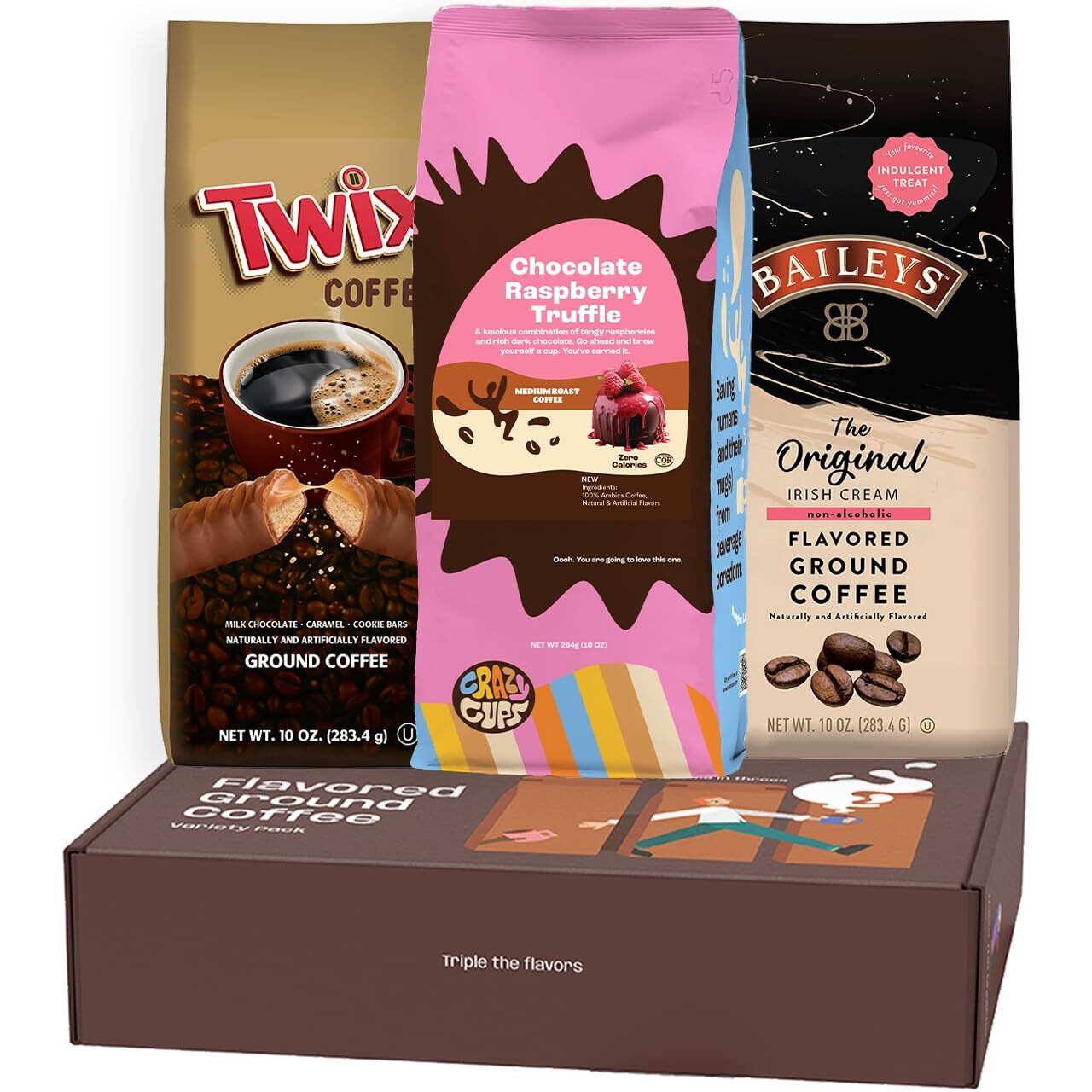 Perfect Samplers Flavored Ground Coffee Gift Box Variety Pack, Twix, Baileys Original, Chocolate Raspberry Coffee, Medium Roast Ground Coffee Sampler, 3 Pack