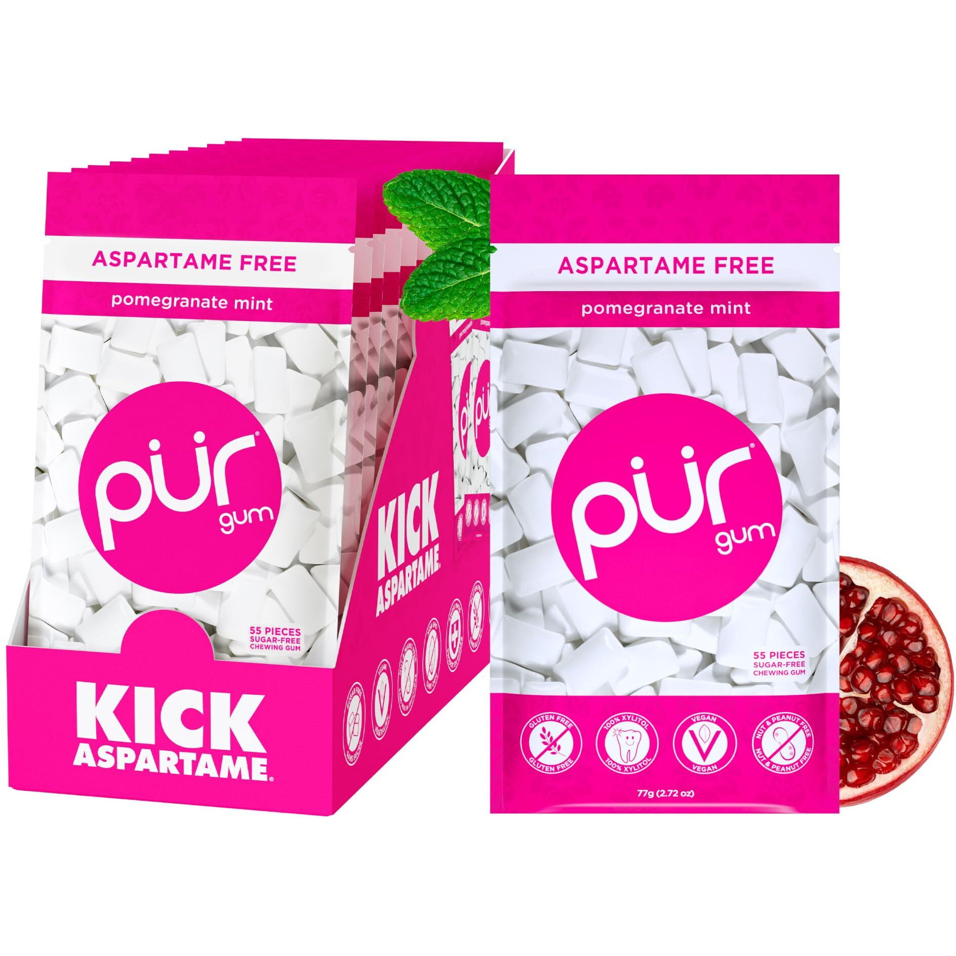 Pur Gum | Aspartame Free Chewing Gum | 100% Xylitol | Natural Pomegranate Mint Flavored Gum, 55 Pieces (Pack Of 12)