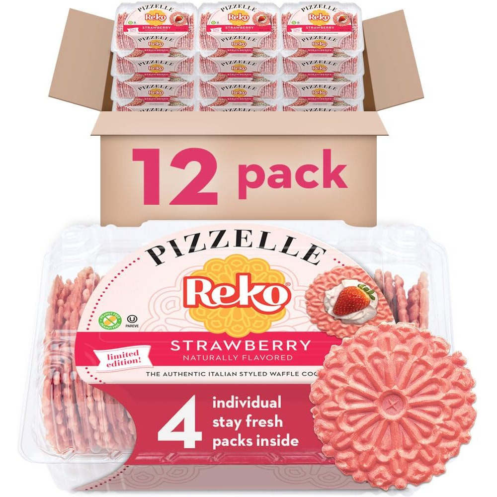 Reko Pizzelle Authentic Italian Style Waffle Cookie, Strawberry, 7 Ounce (Pack Of 12)