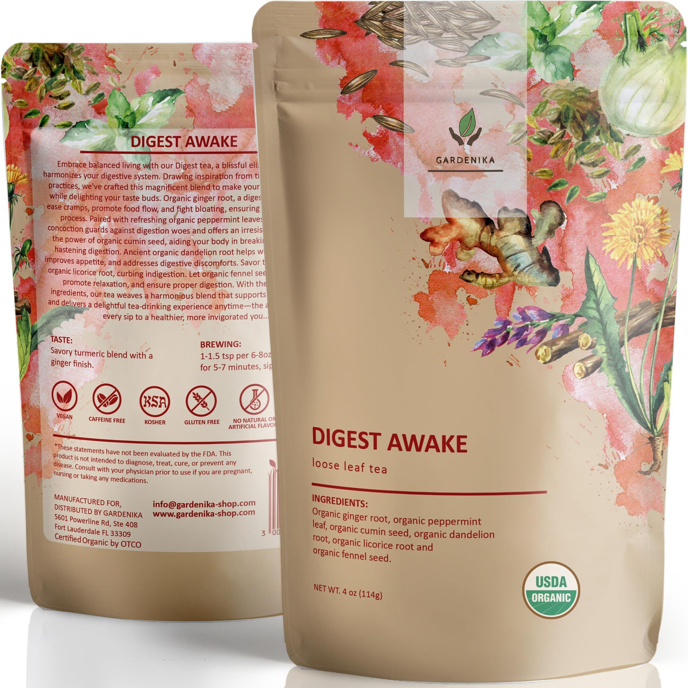 Gardenika Organic Digestive Loose Leaf Tea, Stomach Ease Herbal Caffeine-Free Leaves, Ayurvedic Blend With Dandelion Root, Ginger, Peppermint, Licorice - 4 Oz