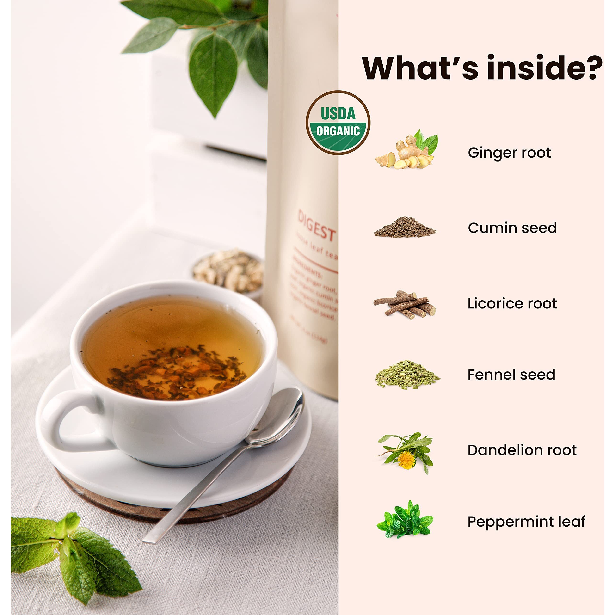 Gardenika Organic Digestive Loose Leaf Tea, Stomach Ease Herbal Caffeine-Free Leaves, Ayurvedic Blend With Dandelion Root, Ginger, Peppermint, Licorice - 4 Oz