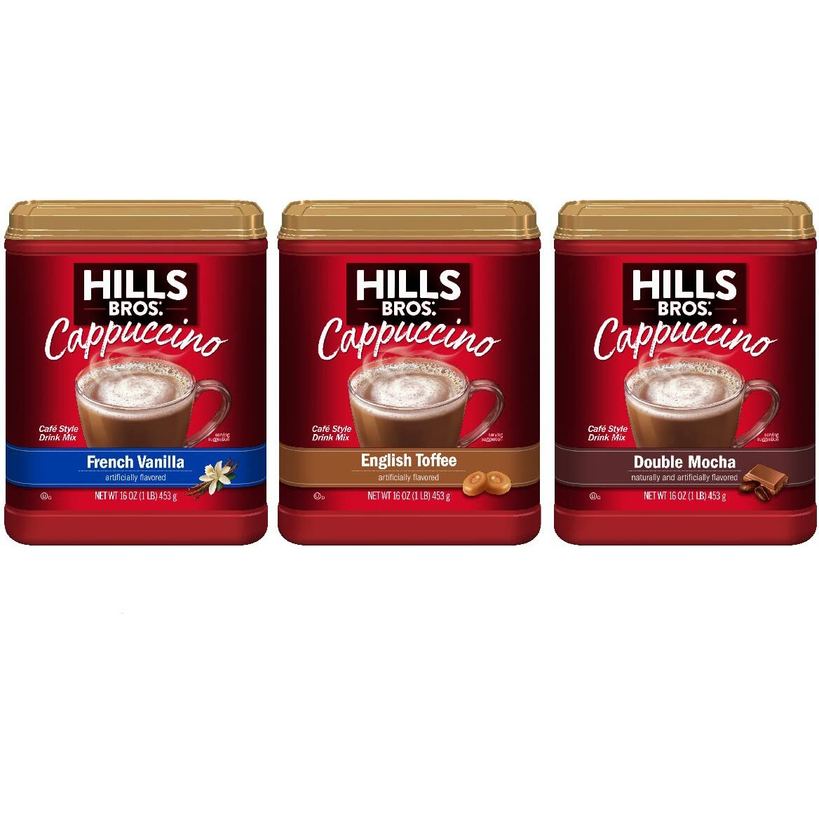 Hills Bros. Instant Cappuccino Mix, French Vanilla, English Toffee, & Double Mocha Variety Pack (16 Oz, Pack Of 3) - Convenient Instant Hot Or Iced Coffee, Frothy & Rich Flavor - Just Add Water