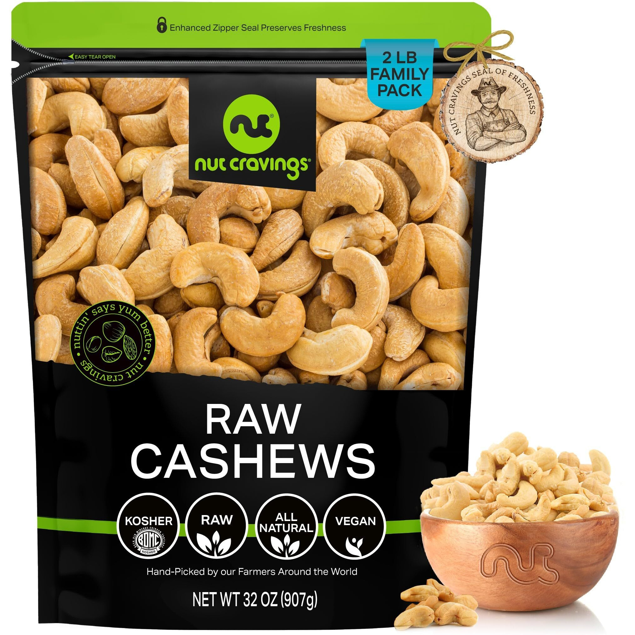 Nut Cravings - Raw Whole Cashews, Unsalted, Shelled, (32Oz - 2 Lb) Bulk Nuts Packed Fresh In Resealable Bag - Kosher Healthy Snack, Natural Keto Vegan - Ideal For Trail Mixed Nuts