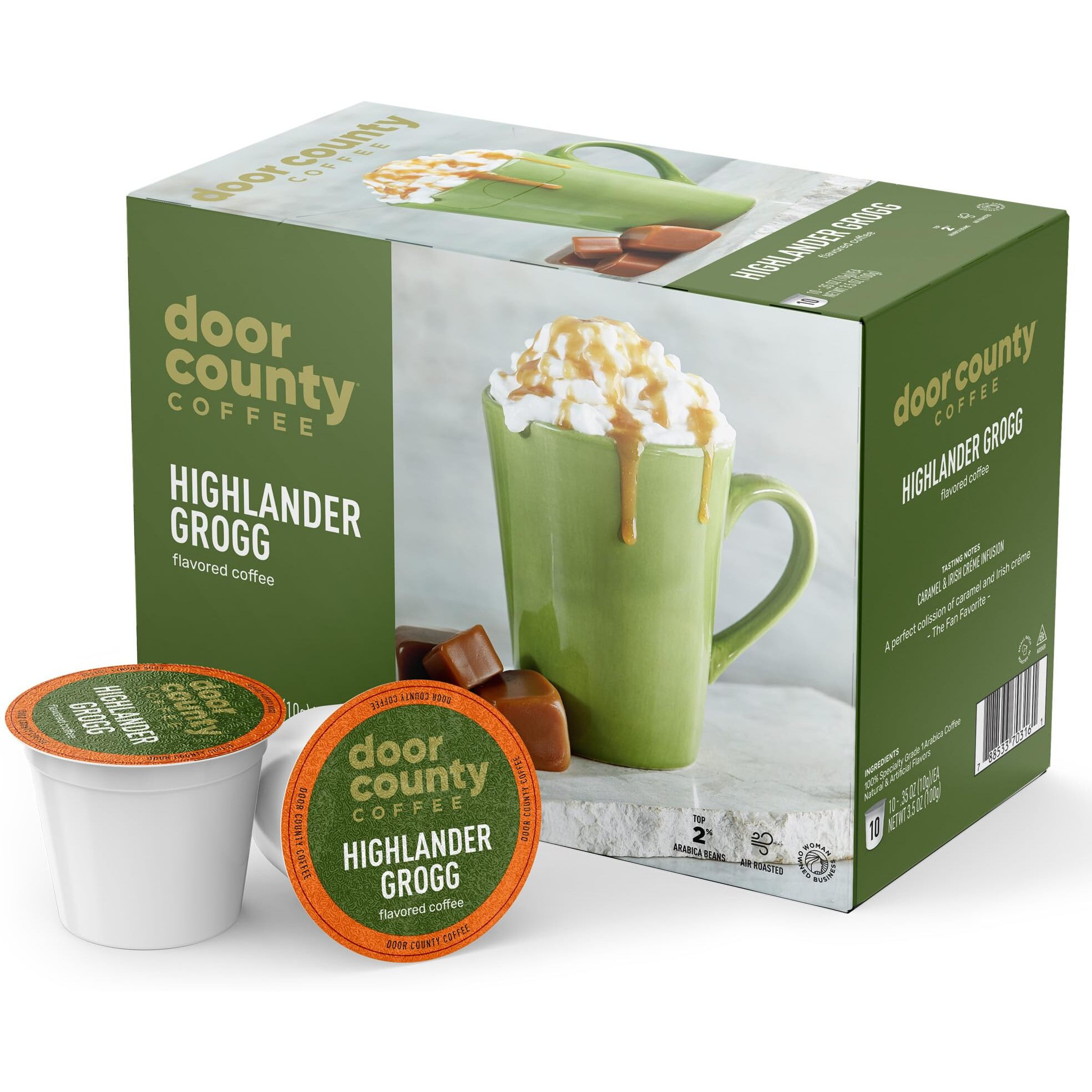 Door County Coffee Highlander Grogg Flavored Coffee Ground | 30 Count Single Serve Cups | Medium Roast | 100% Specialty Arabica Coffee | Flavored Gourmet Coffee | Caramel & Irish Cream Coffee