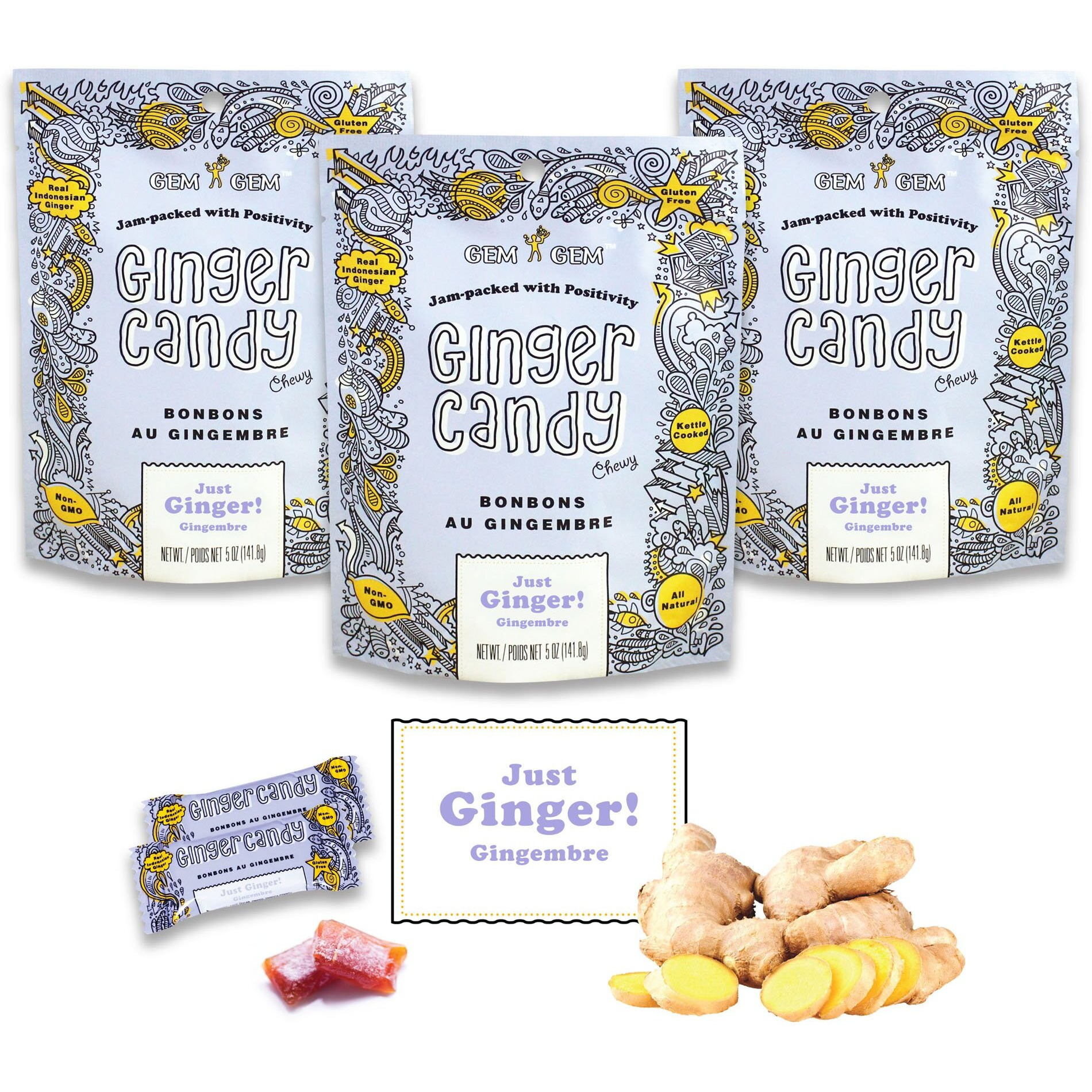 Gem Gem Ginger Candy Chewy Ginger Chews (Original, 5.0Oz, Pack Of 3)