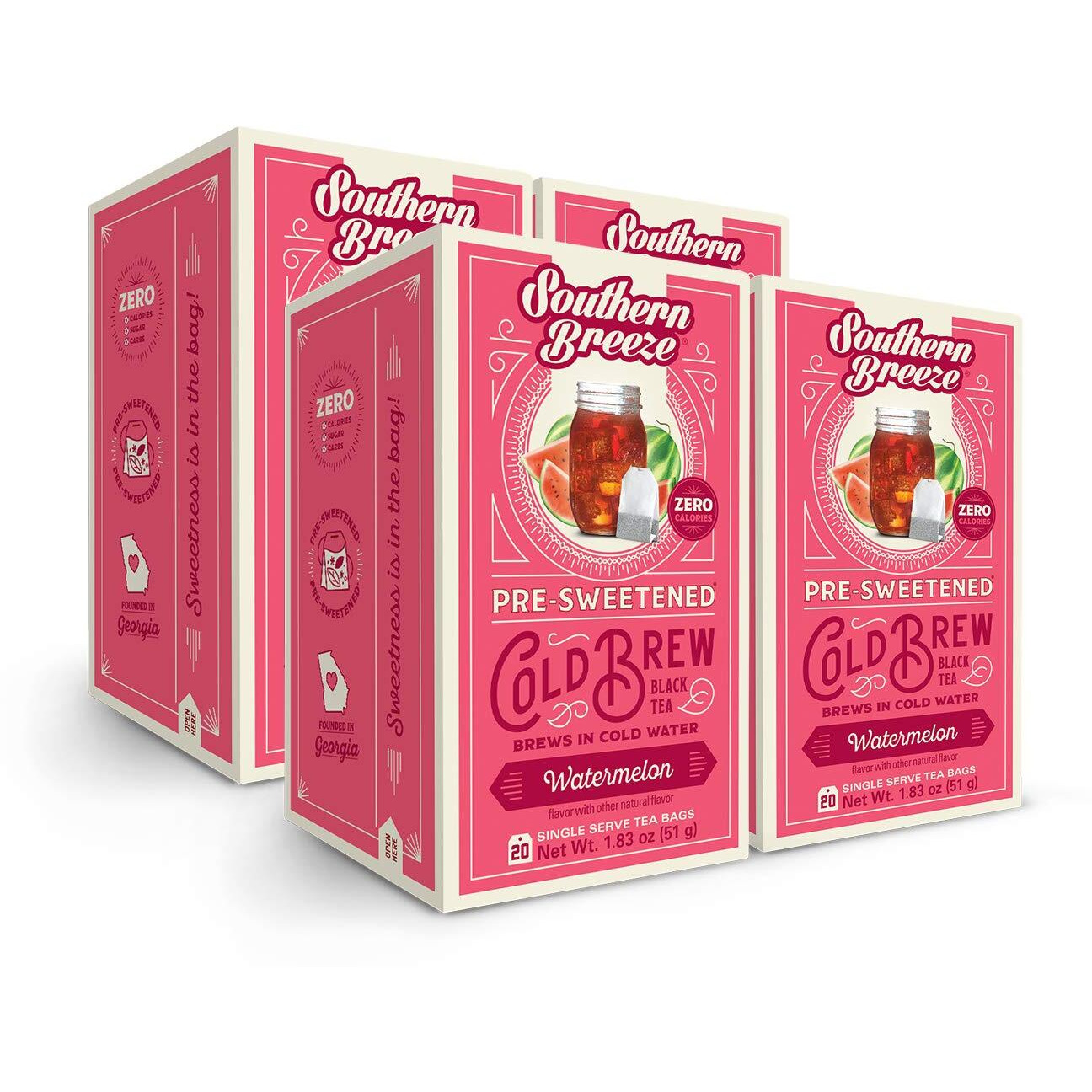 Southern Breeze Cold Brew Sweet Tea Watermelon Iced Tea With Black Tea And Zero Carbs Zero Sugar, 20 Individually Wrapped Tea Bags, Pack Of 4