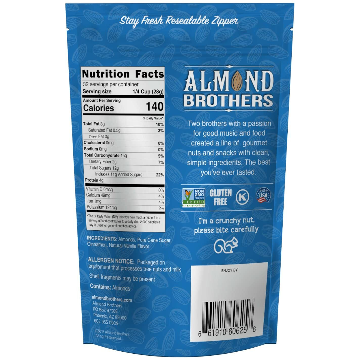 Almond Brothers Roasted Almonds - Hand Crafted Cinnamon Glazed Roasted Almonds, Gluten-Free, Non-Gmo, Candied Almonds, Gourmet Almond Snack -Almonds Cinnamon Roasted, (2 Pound, Pack Of 1)