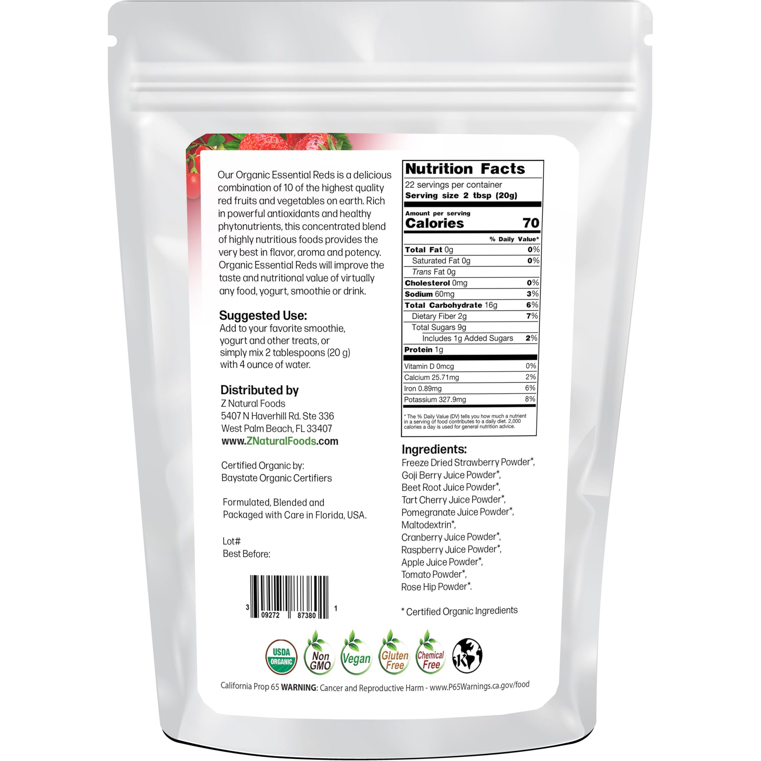 Z Natural Foods Organic Essential Reds, Organic Juice Powder, Super Blend Of 10 Red Fruits And Vegetables, Superfood Smoothie Powder, Non-Gmo, Vegan, 1 Lb