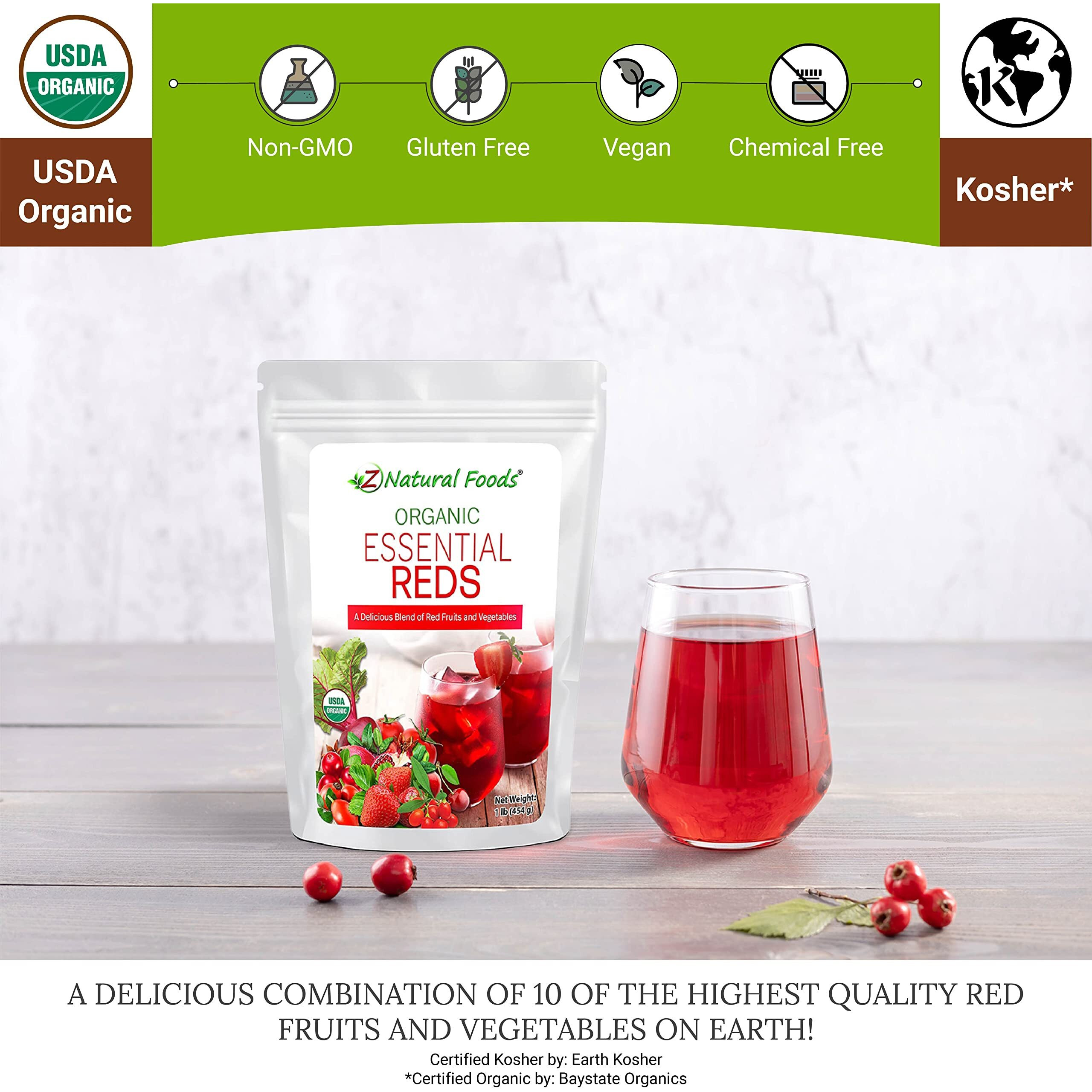 Z Natural Foods Organic Essential Reds, Organic Juice Powder, Super Blend Of 10 Red Fruits And Vegetables, Superfood Smoothie Powder, Non-Gmo, Vegan, 1 Lb